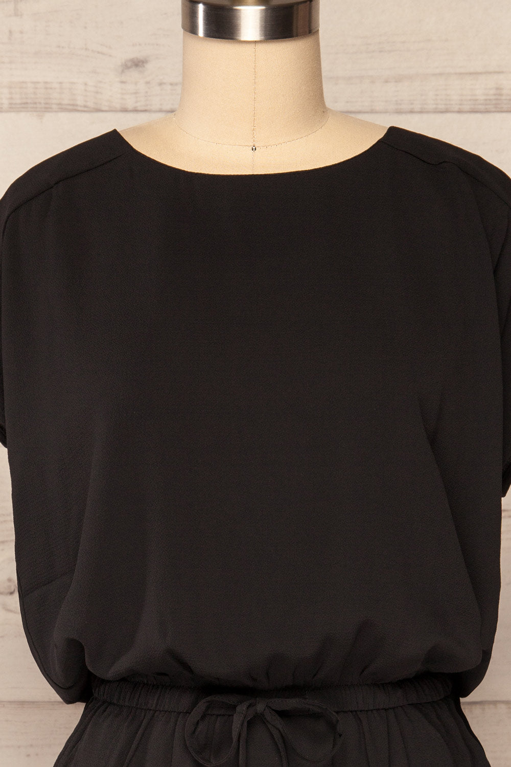Plone Black Short Sleeve Drawtring Dress | La petite garçonne front close up