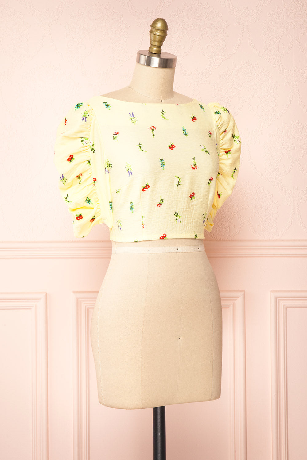 Portia Yellow Floral Puffy Sleeve Crop Top | Boutique 1861 side view