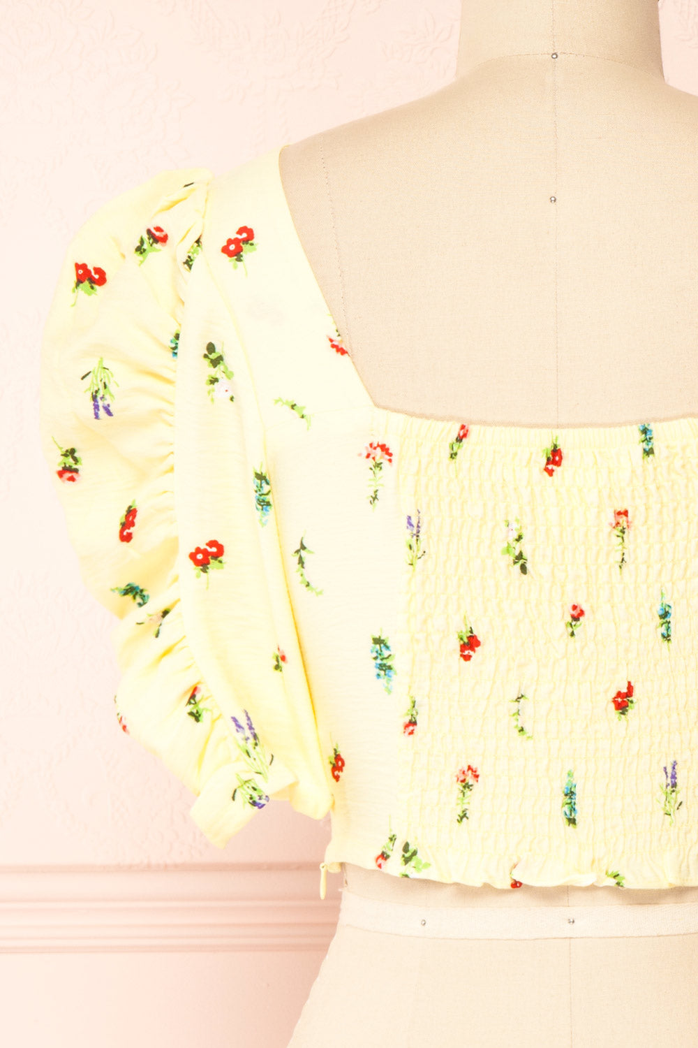 Portia Yellow Floral Puffy Sleeve Crop Top | Boutique 1861 back close-up