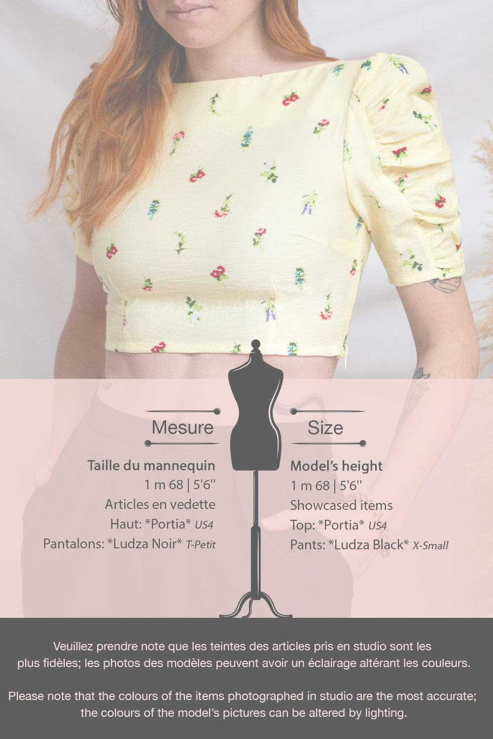 Portia Yellow Floral Puffy Sleeve Crop Top | Boutique 1861 model infos