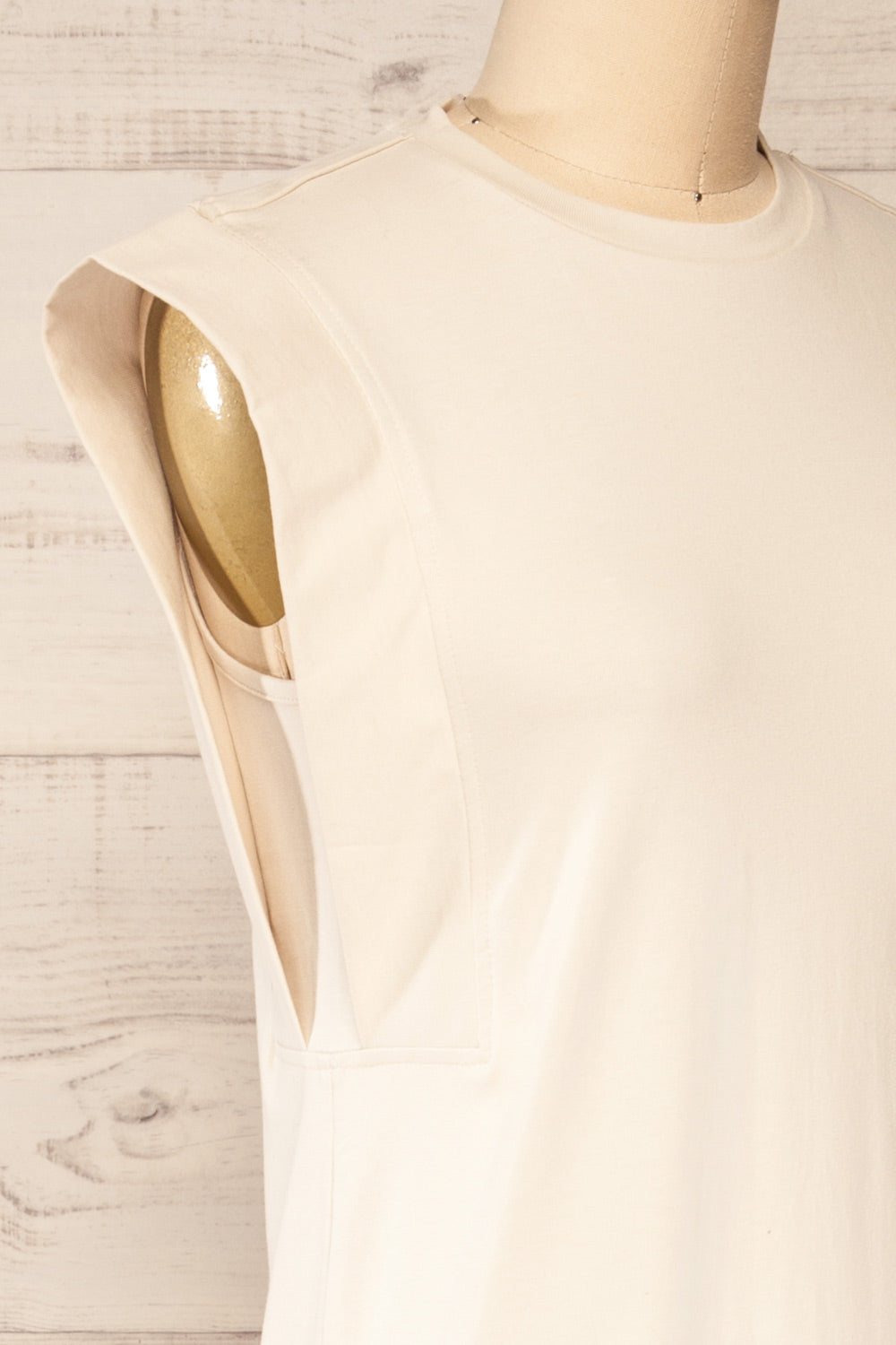 Poznan Beige Round Neck Midi Tunic Dress | La Petite Garçonne side close-up