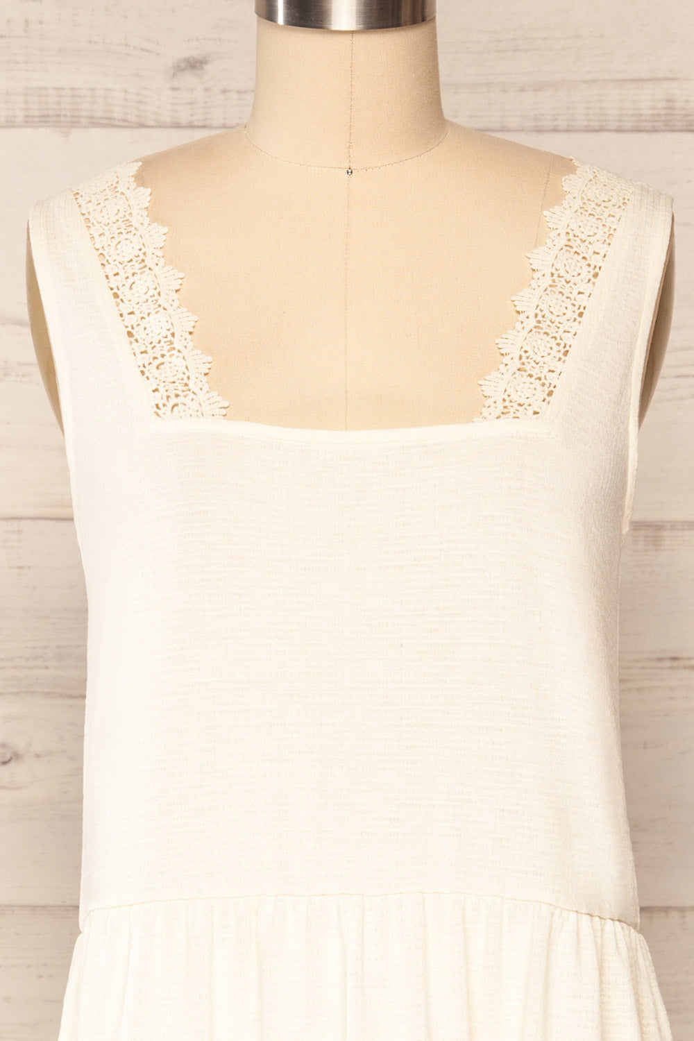 Preddu Beige Short Tiered Dress w/ Frills | La petite garçonne front close up