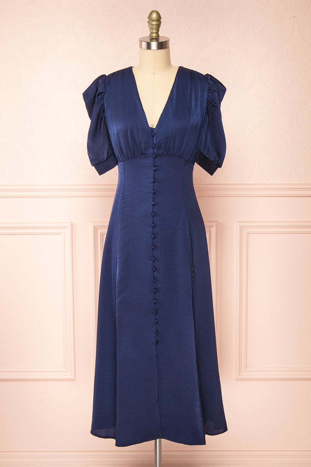 Priscilla Navy Midi Button-Up V-Neck Satin Dress Boutique 1861