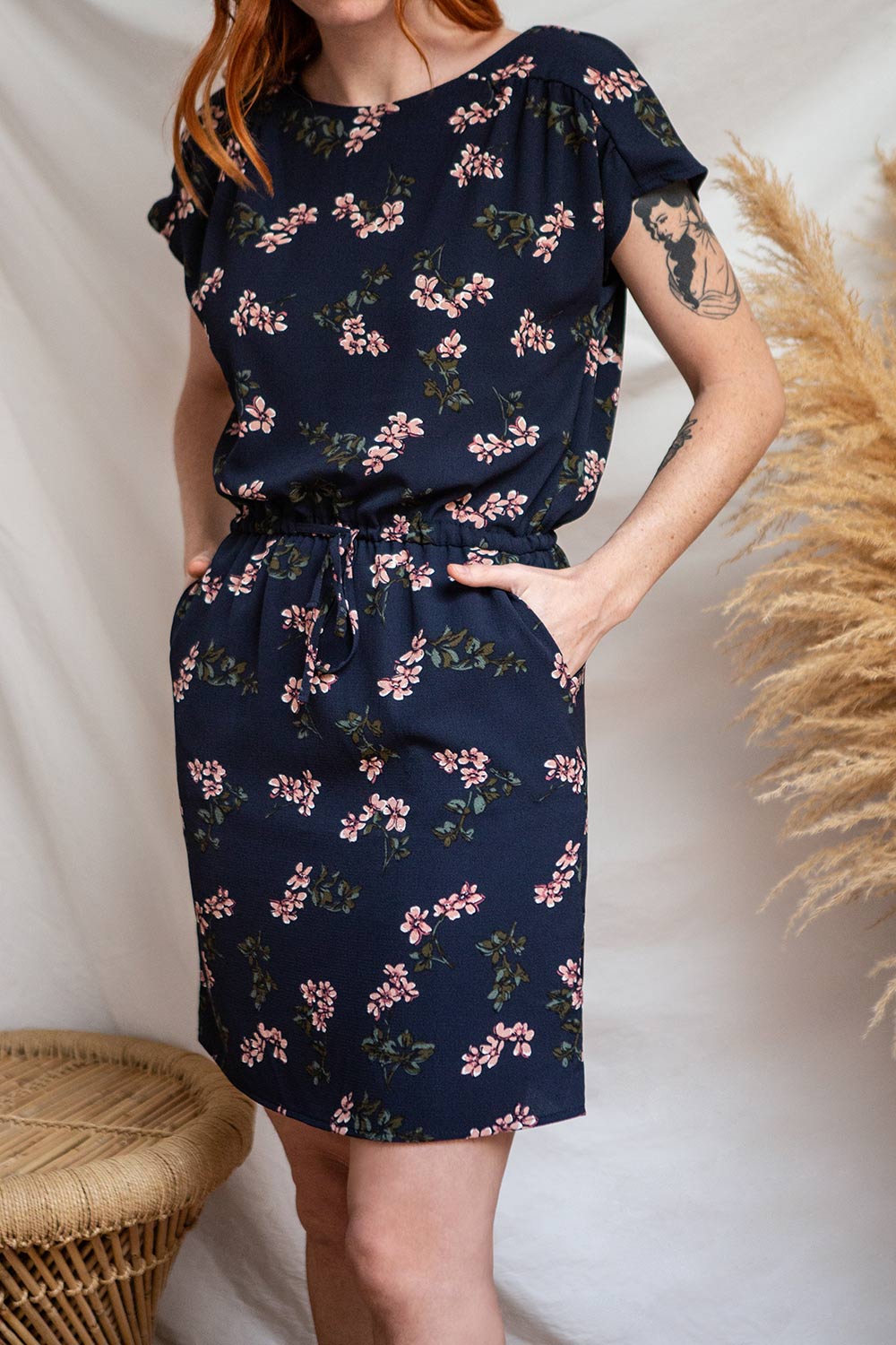 Proszowice Floral Navy Short Dress w/ Pockets | Boutique 1861 on model