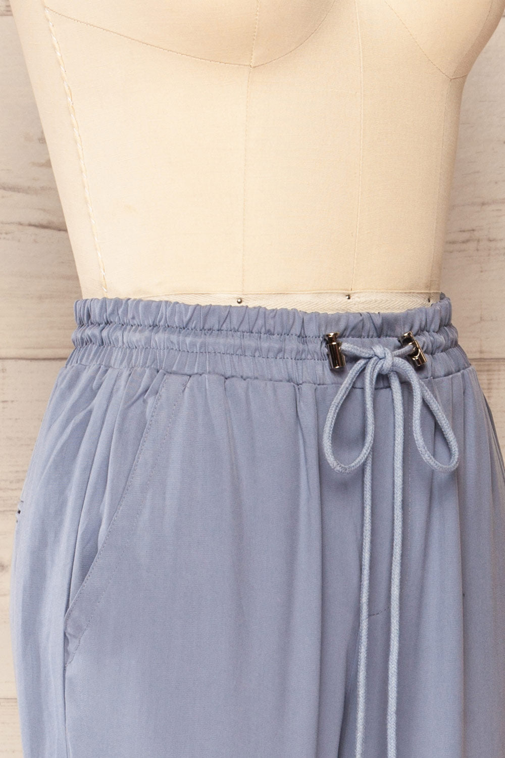 Puck Blue High-Waisted Drawstring Pants | La petite garçonne side close up