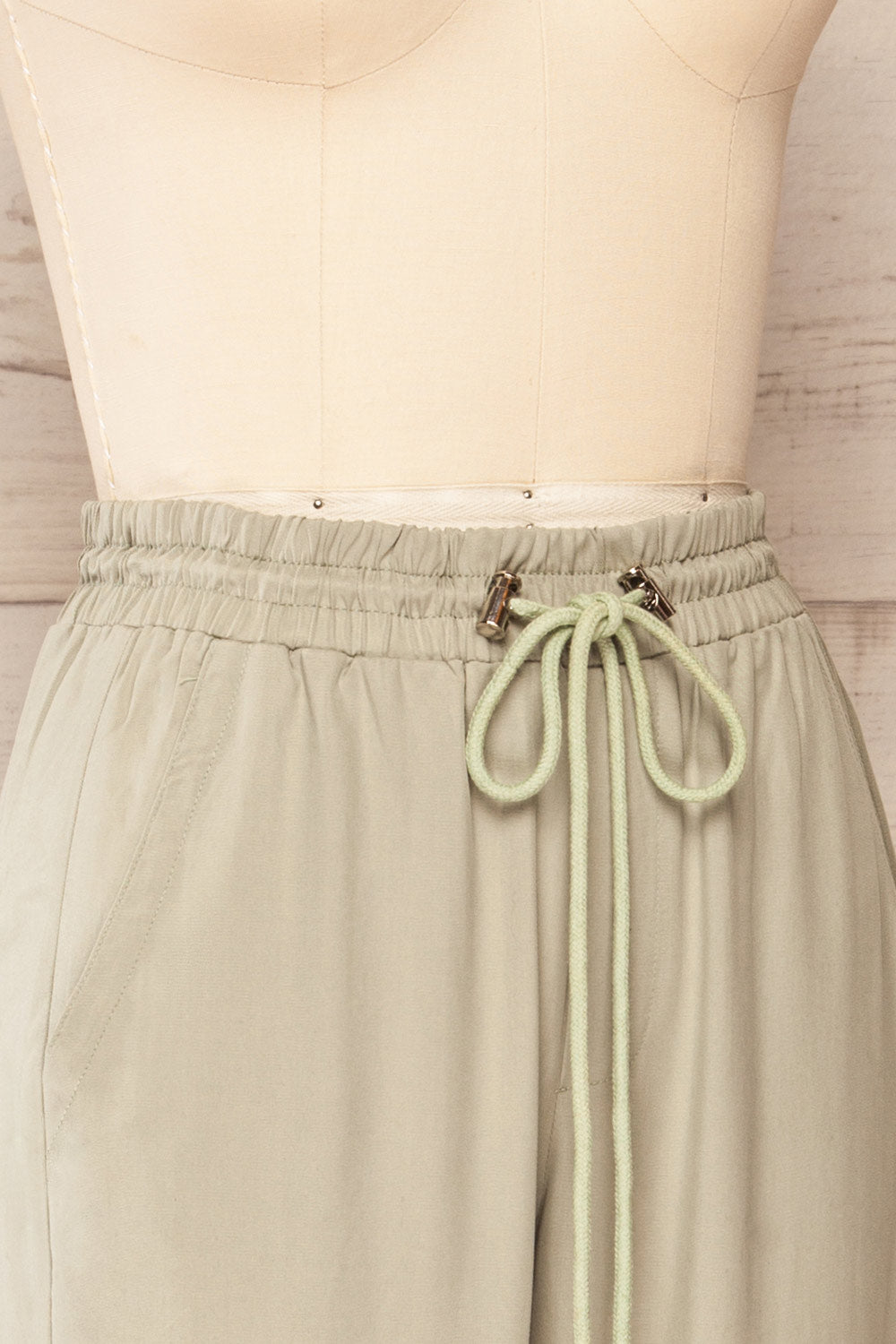 Puck Green High-Waisted Drawstring Pants | La petite garçonne side close up