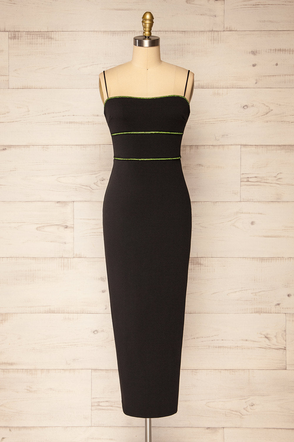 Raelyn Black Fitted Midi Dress w/ Rhinestone Detail | La petite garçonne front view