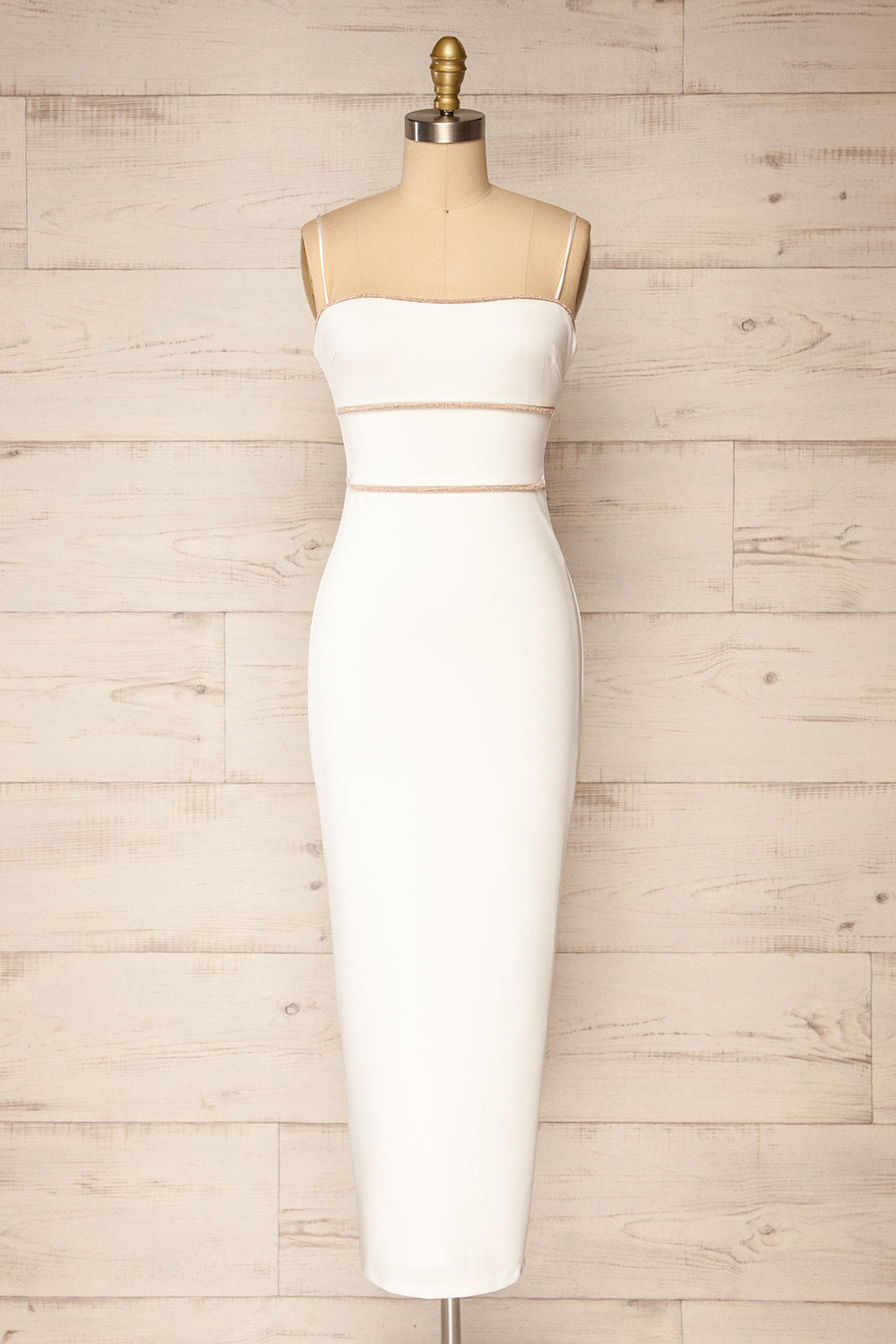Raelyn White Fitted Midi Dress w/ Rhinestone Detail | La petite garonne