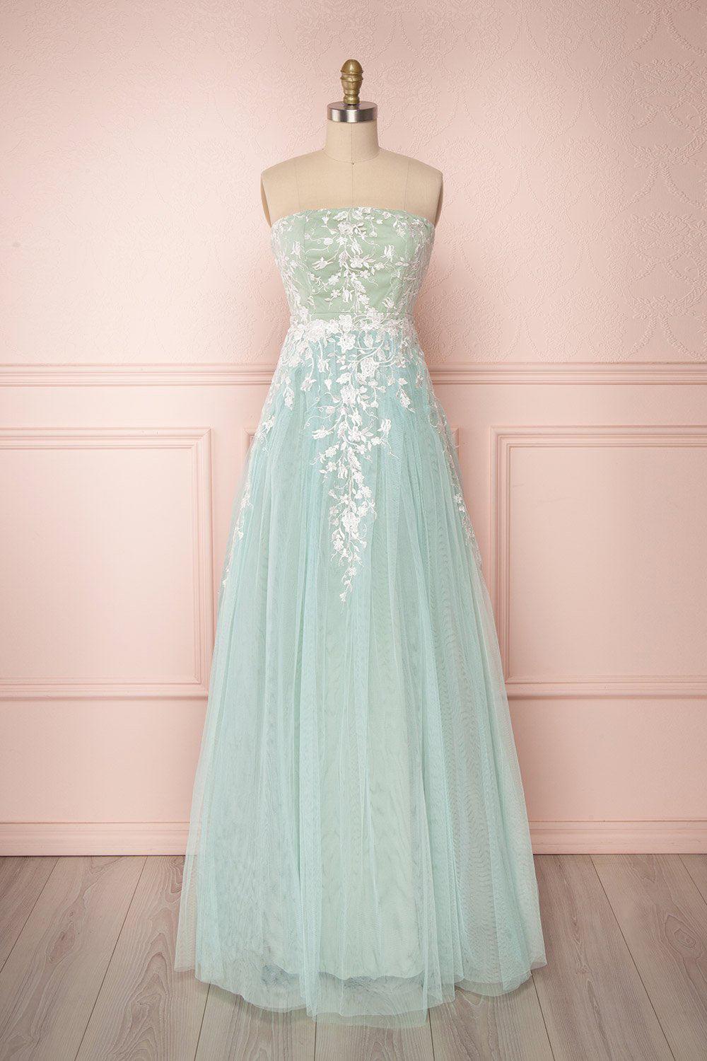 Raihau Mint Green Floral Tulle Bustier Gown | Boutique 1861