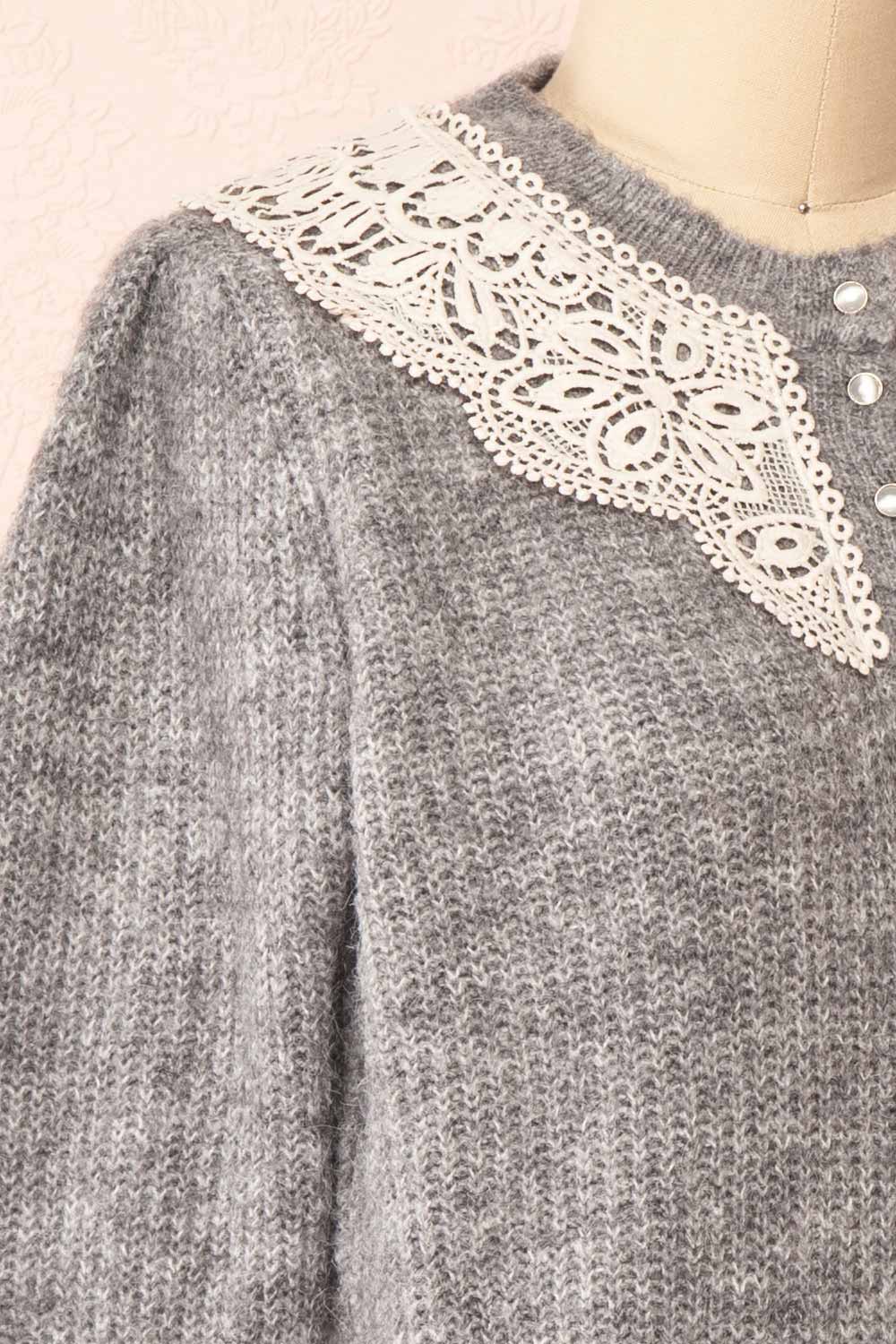 Reagan Grey Buttoned Collar Sweater w/ Lace | Boutique 1861 side close-up