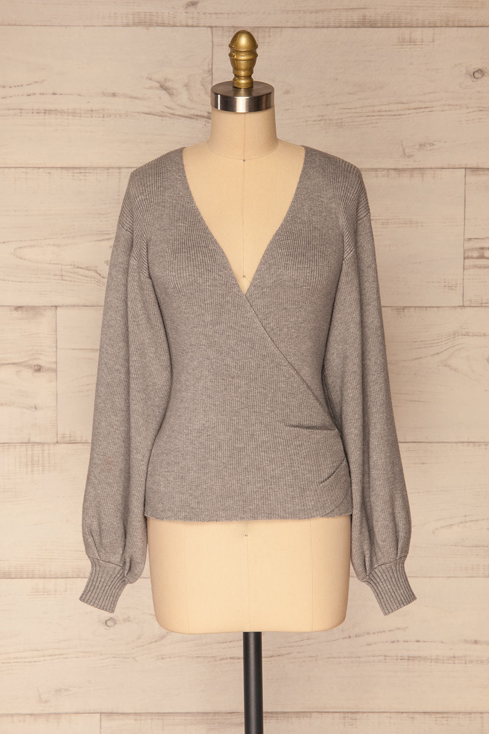Recz Grey Knit Long Puffy Sleeve Wrap Top | La petite garçonne front view