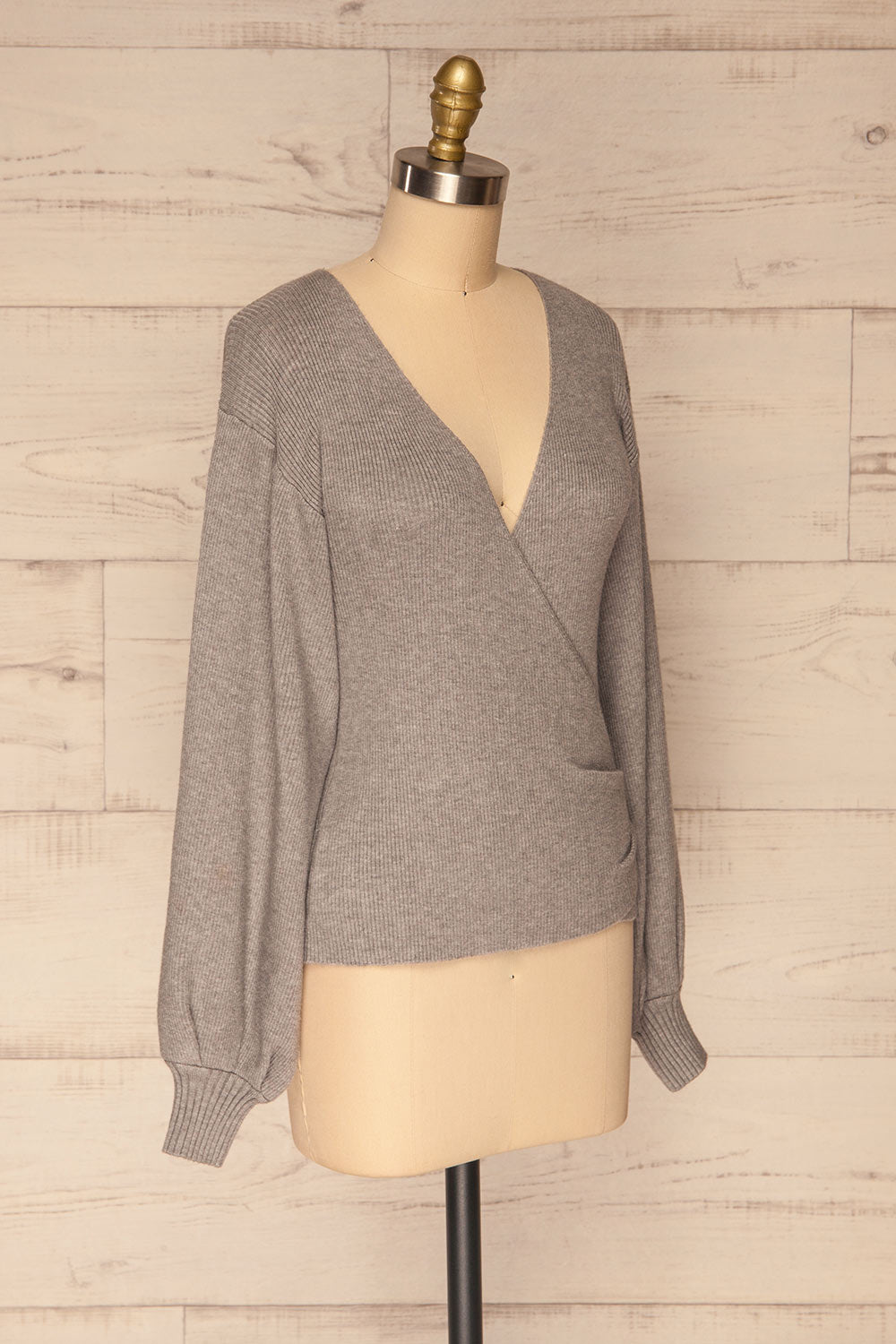 Recz Grey Knit Long Puffy Sleeve Wrap Top | La petite garçonne side view
