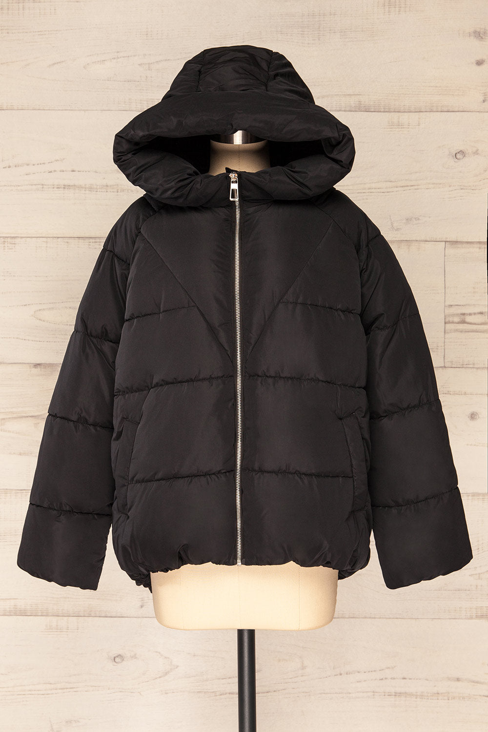 Reda Black Short Puffer Jacket | La petite garçonne front hood view
