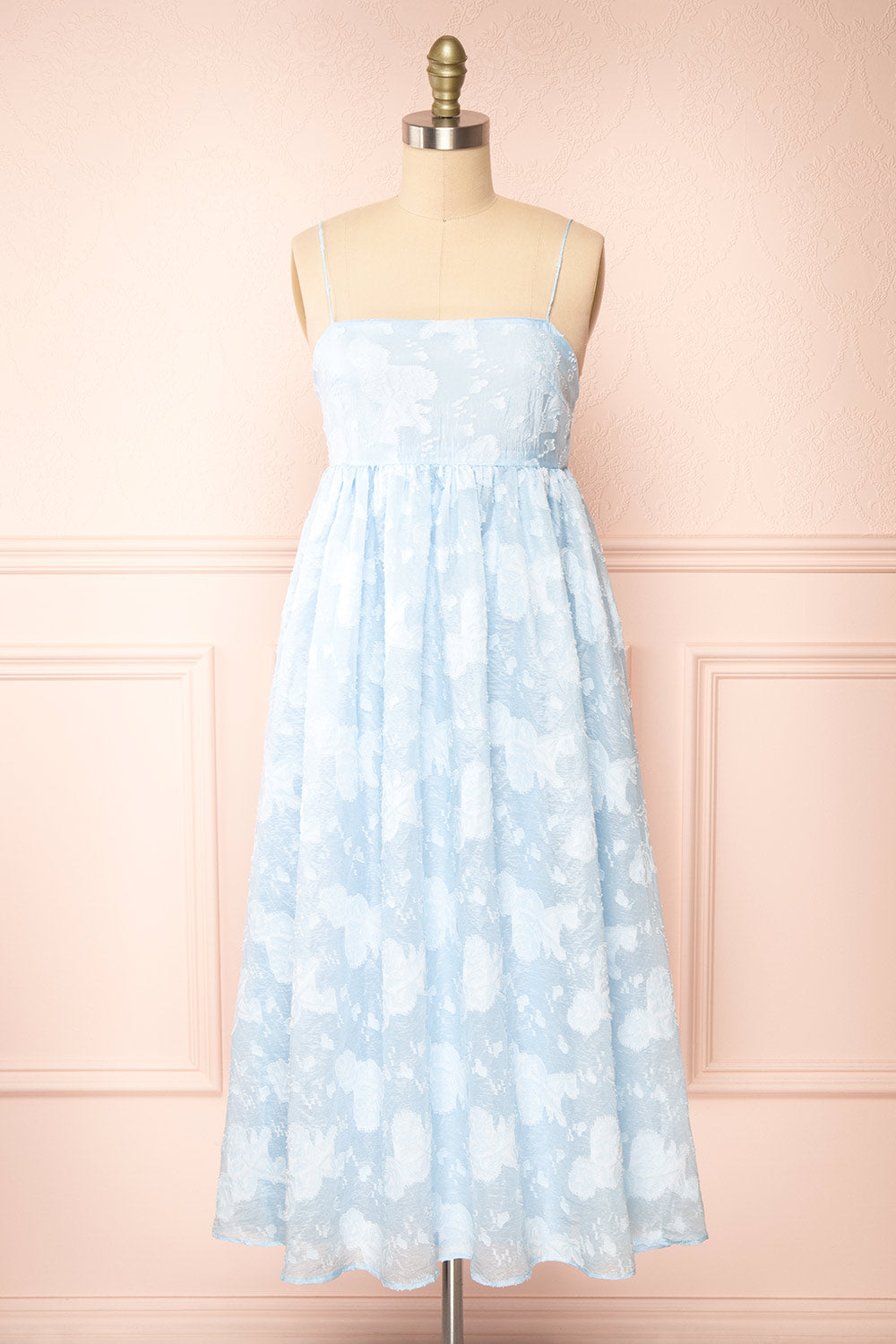 Renda Baby Blue Midi Dress w/ Floral Print | Boutique 1861 front view