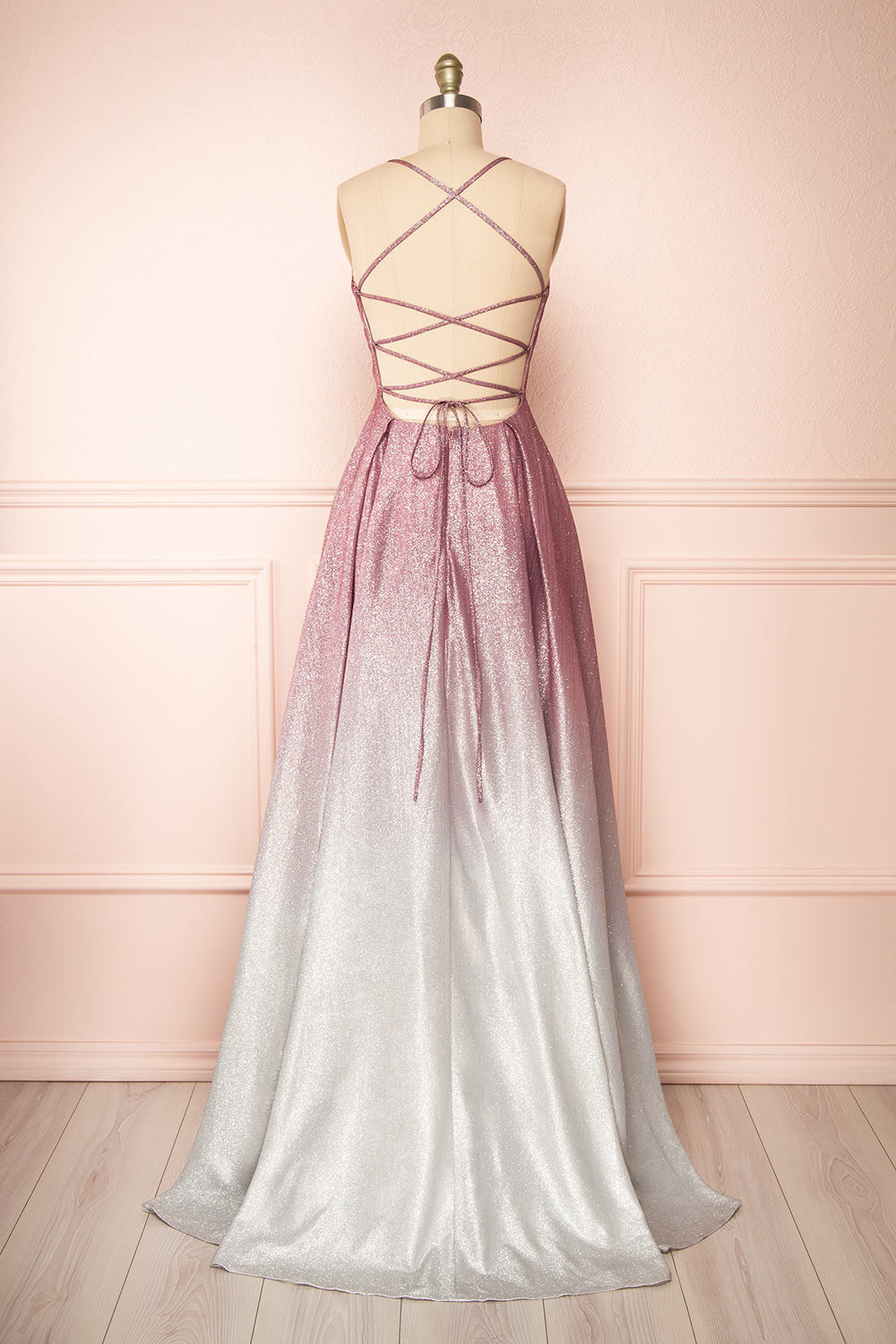 Renesmee Mauve Sparkly Gradient Maxi Dress | Boutique 1861 back view