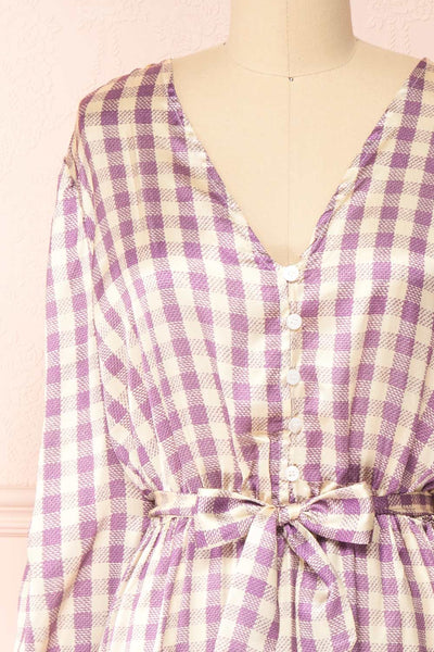 Rhea Long Sleeve Plaid Satin Midi Dress | Boutique 1861 front close-up