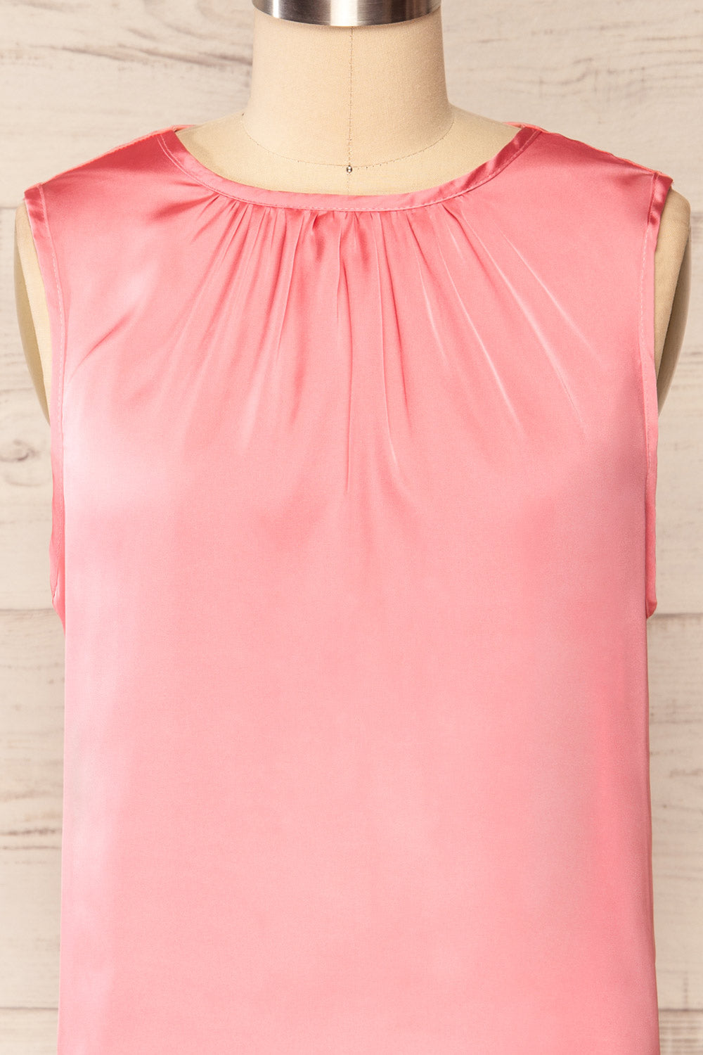 Riccia Pink Sleeveless Pleated Neck Blouse | La petite garçonne front close-up