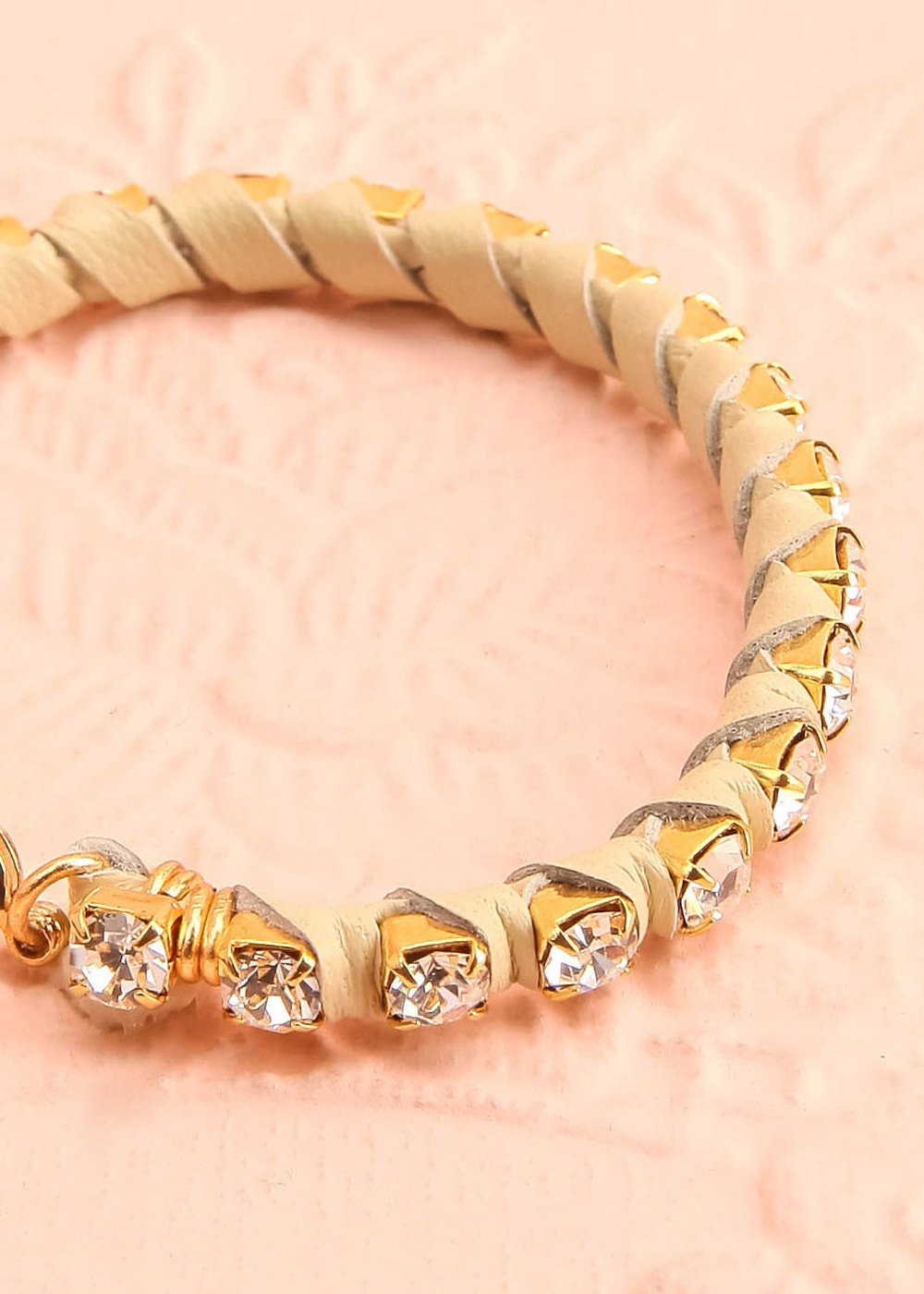 Rime - White zircon bracelet on gold chain braided with cream leather cord 2