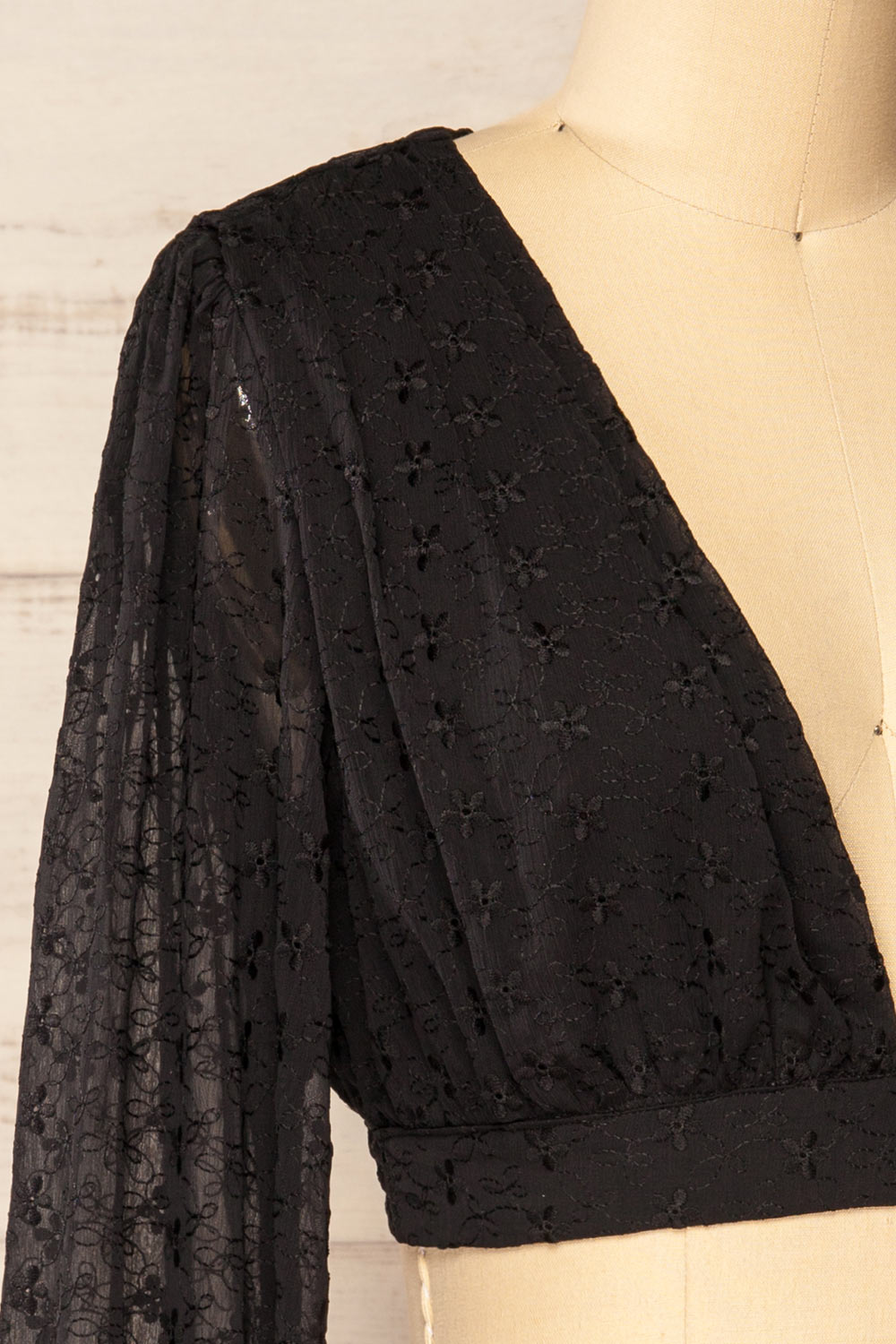 Rioja Cropped Chiffon Top w/ Floral Embroidery | La petite garçonne side close-up