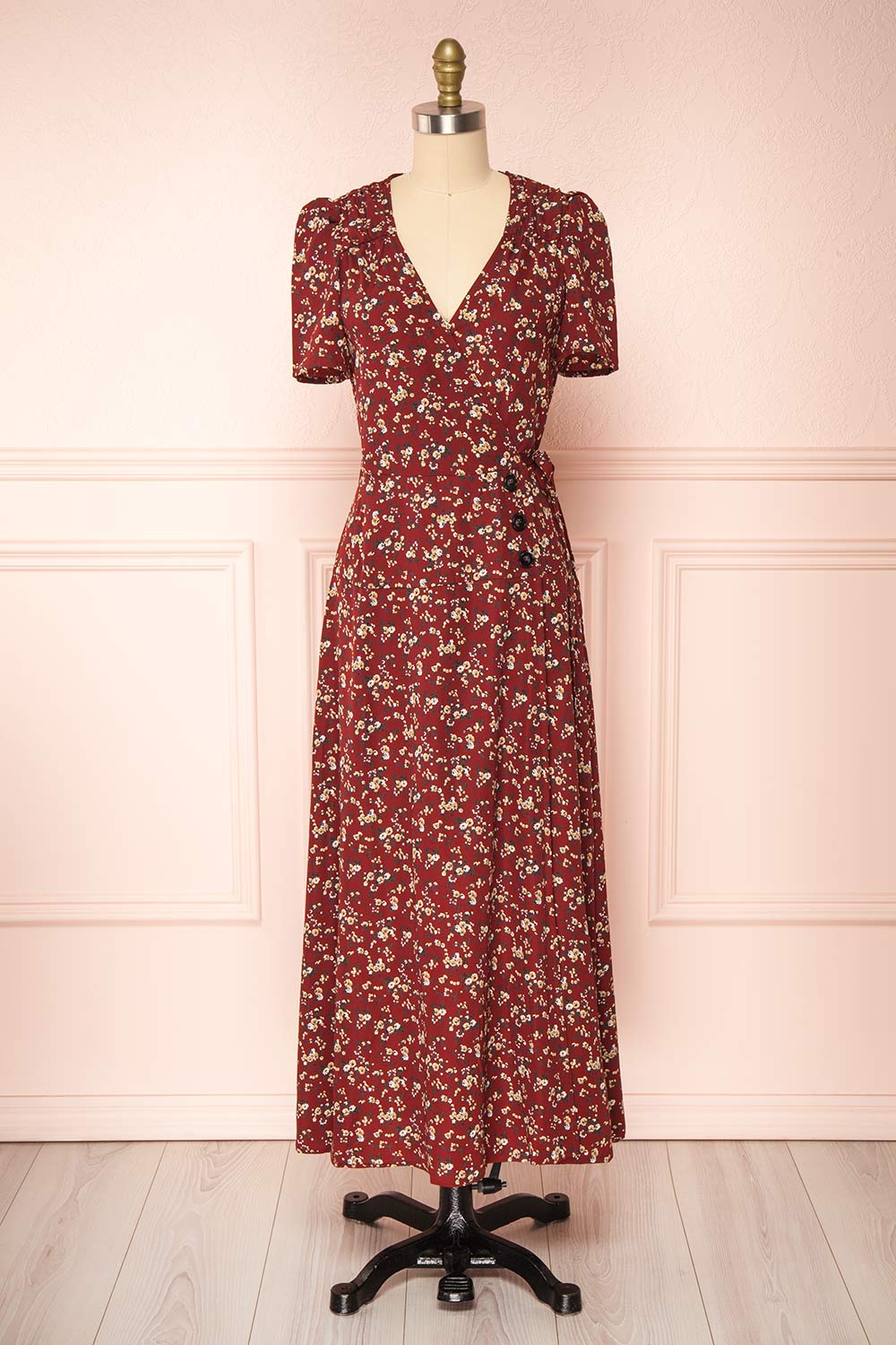 Rissa Burgundy Floral Wrap Maxi Dress w/ Short Sleeves | Boutique 1861 Rissa Burgundy Floral Wrap Maxi Dress w/ Short Sleeves | Boutique 1861