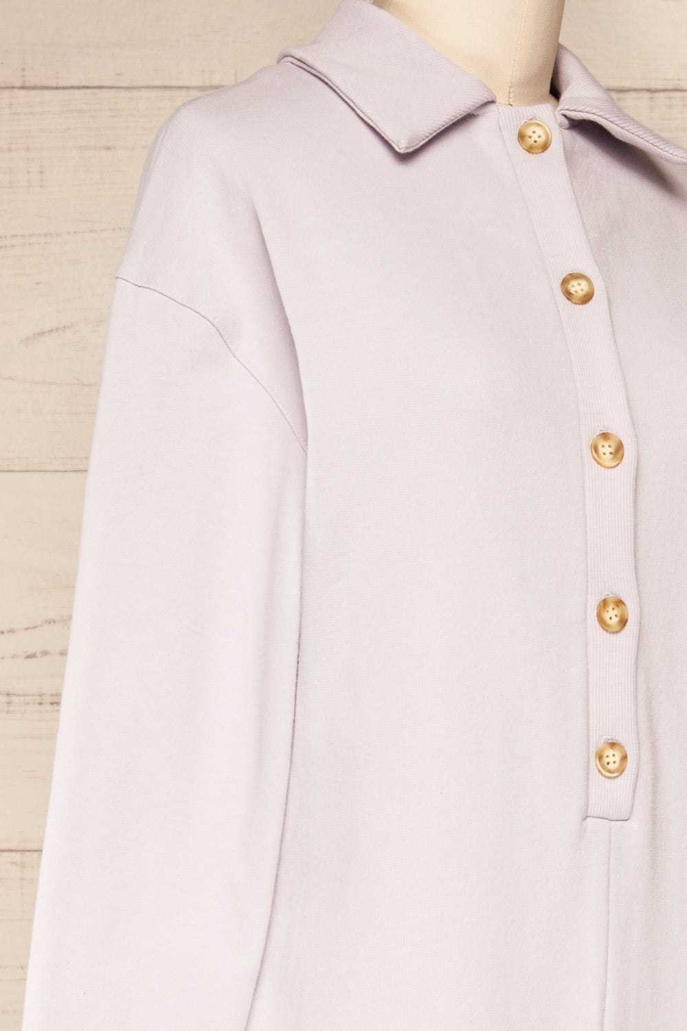 River Lilac Long Sleeve Polo Romper | La petite garçonne side close-up