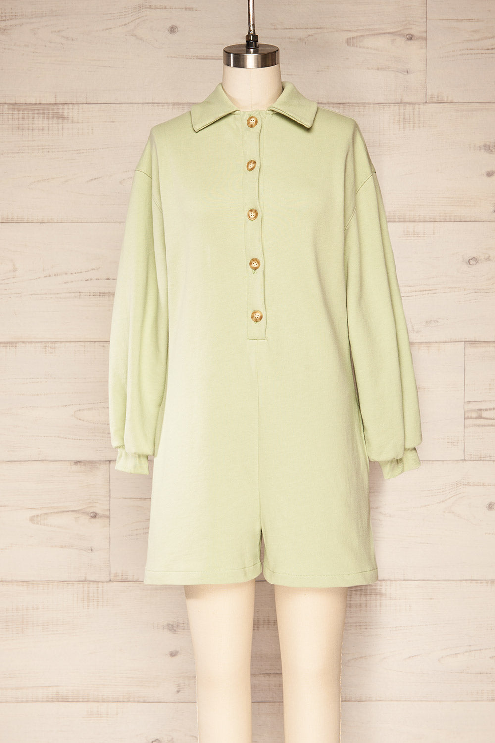 River Matcha Green Long Sleeve Polo Romper | La petite garçonne front view