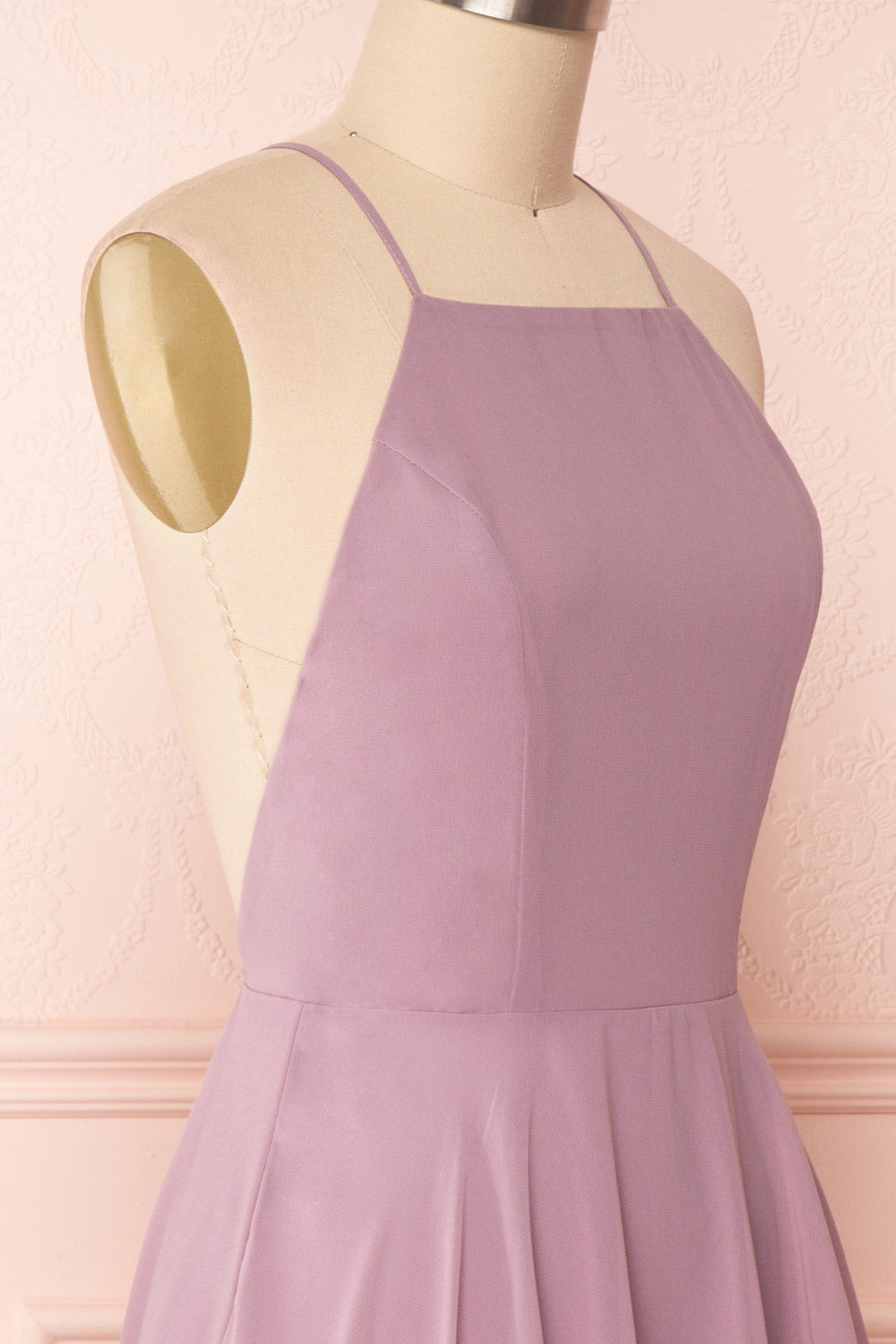 Roby Amethyst Lilac Chiffon A-Line Cocktail Dress | SIDE CLOSE UP | Boutique 1861