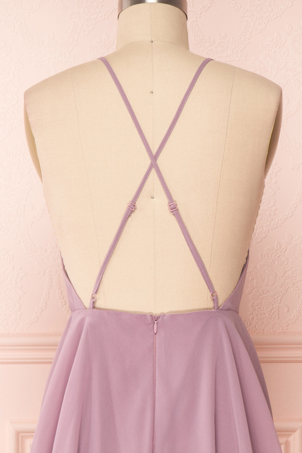 Roby Amethyst Lilac Chiffon A-Line Cocktail Dress | BACK CLOSE UP | Boutique 1861