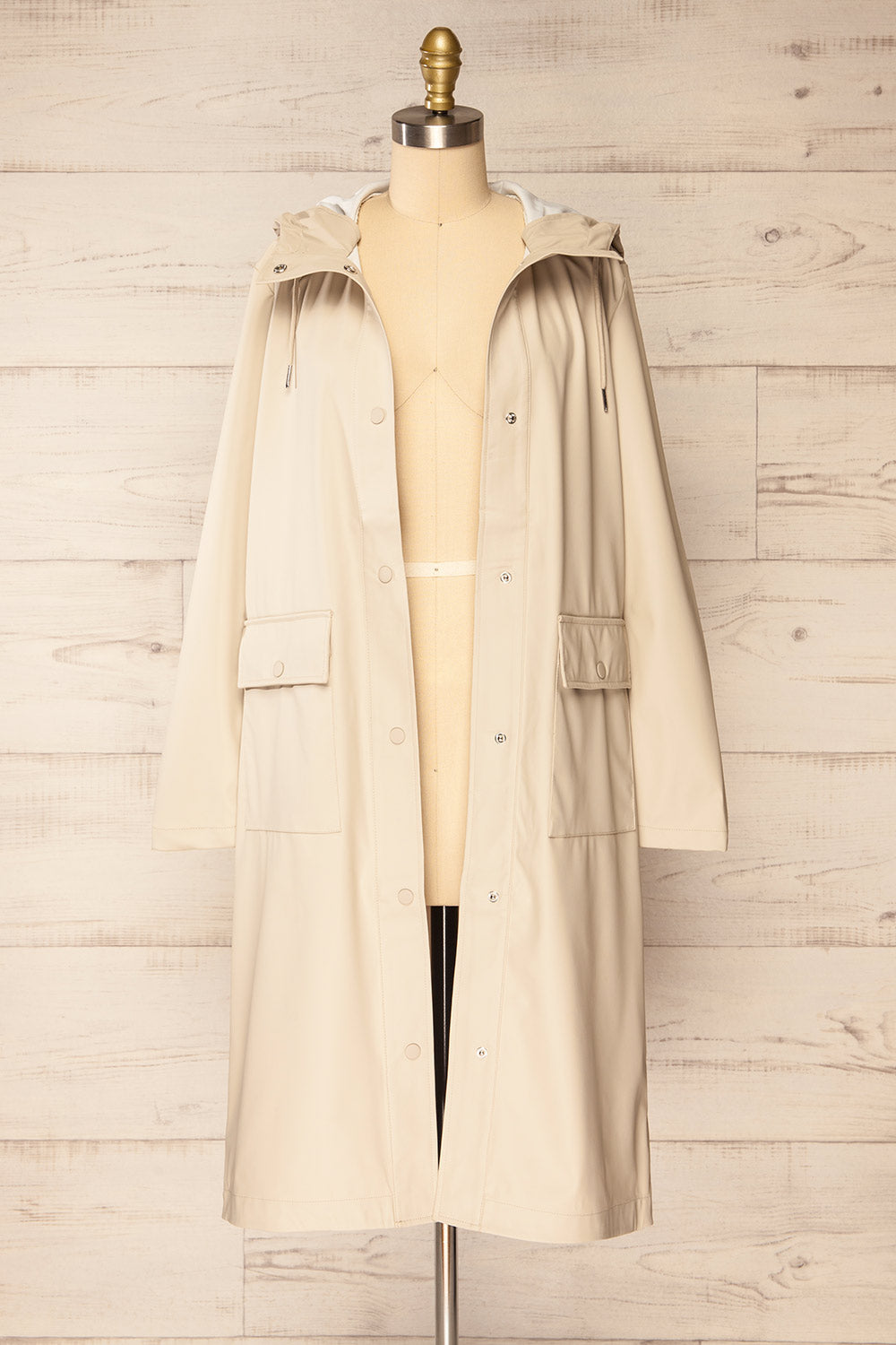 Rochester Beige Button Up Hooded Raincoat | La petite garçonne open view