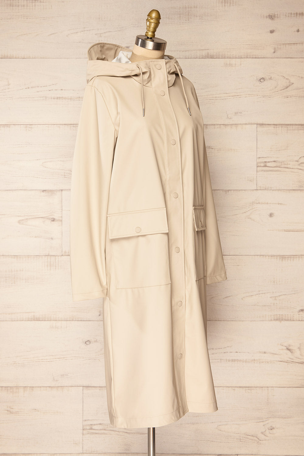 Rochester Beige Button Up Hooded Raincoat | La petite garçonne side view
