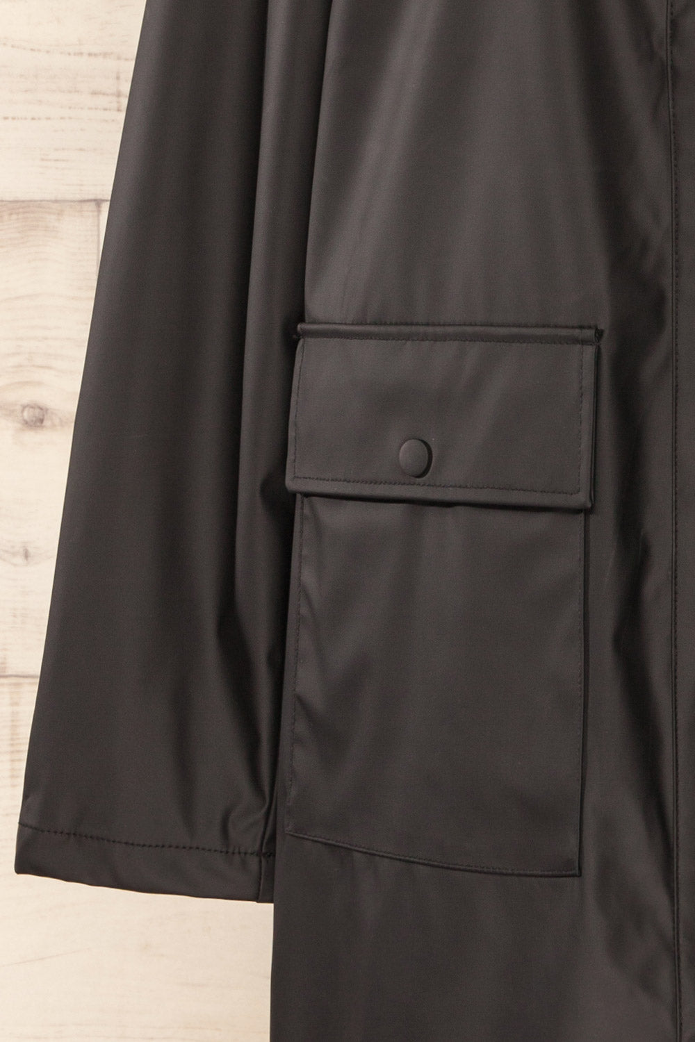 Rochester Black Button Up Hooded Raincoat | La petite garçonne sleeve