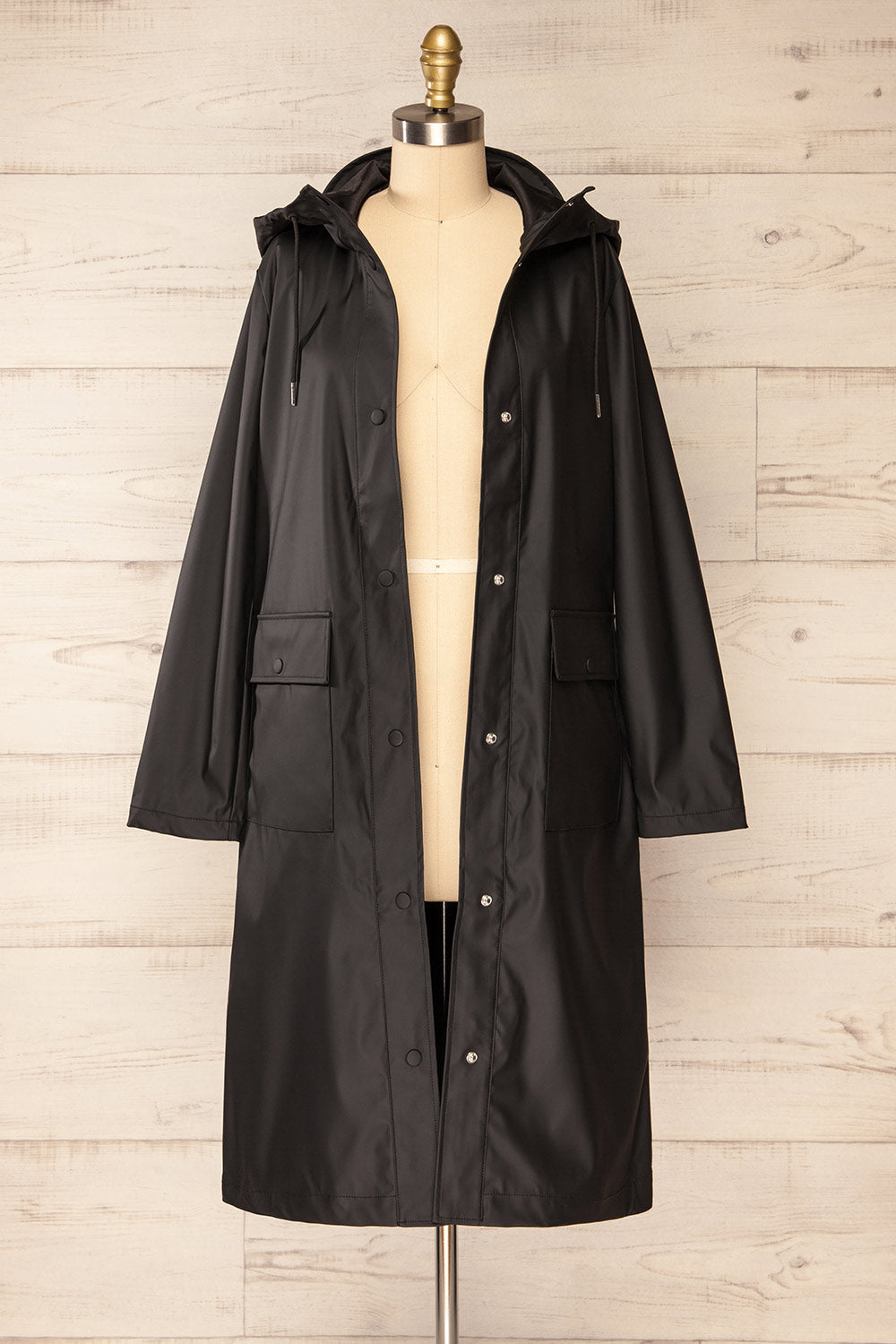 Rochester Black Button Up Hooded Raincoat | La petite garçonne open view