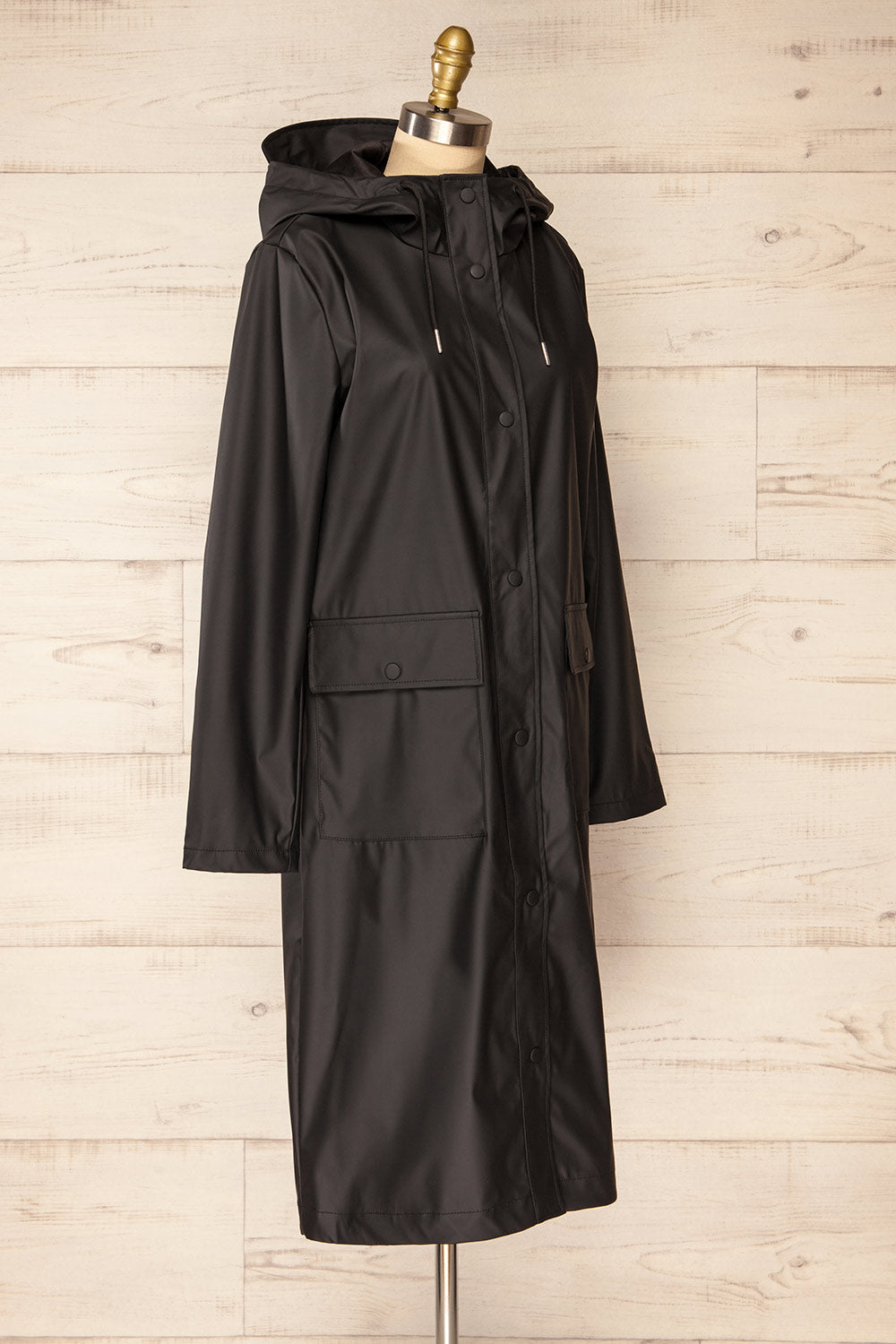 Rochester Black Button Up Hooded Raincoat | La petite garçonne side view