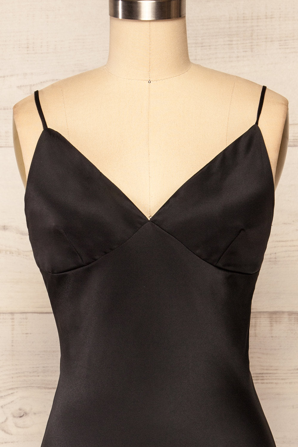 Rontie Black Maxi V-Neck Slip Dress | La petite garçonne front close up