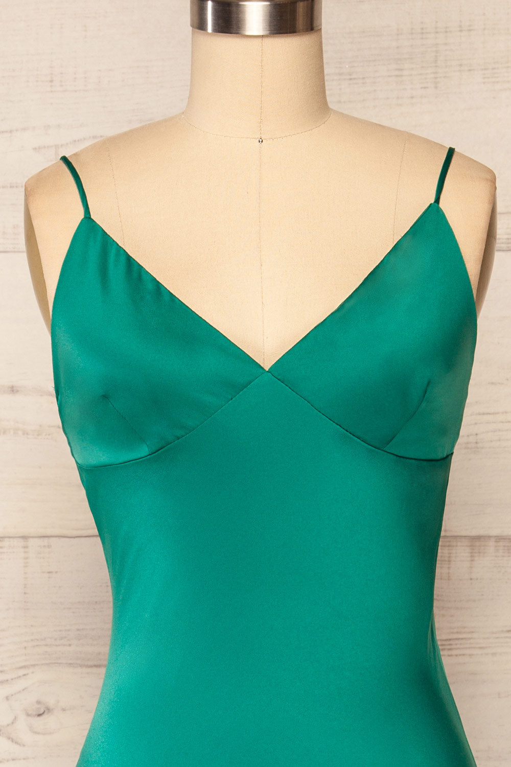 Rontie Green Maxi V-Neck Slip Dress | La petite garçonne front close up