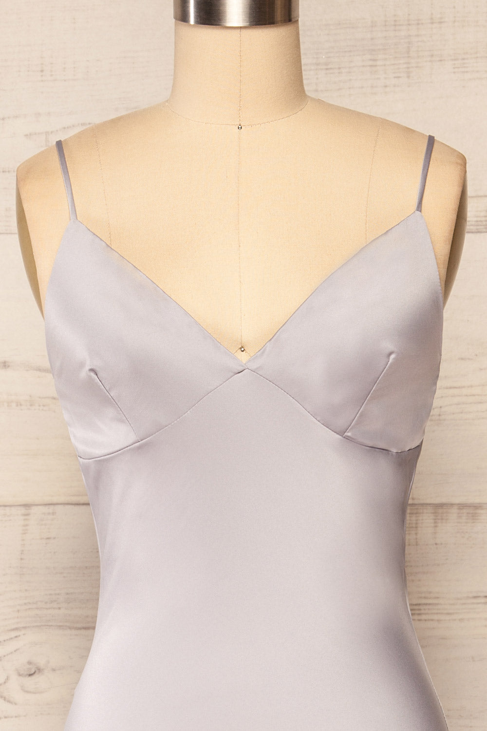 Rontie Grey Maxi V-Neck Slip Dress | La petite garçonne front close up