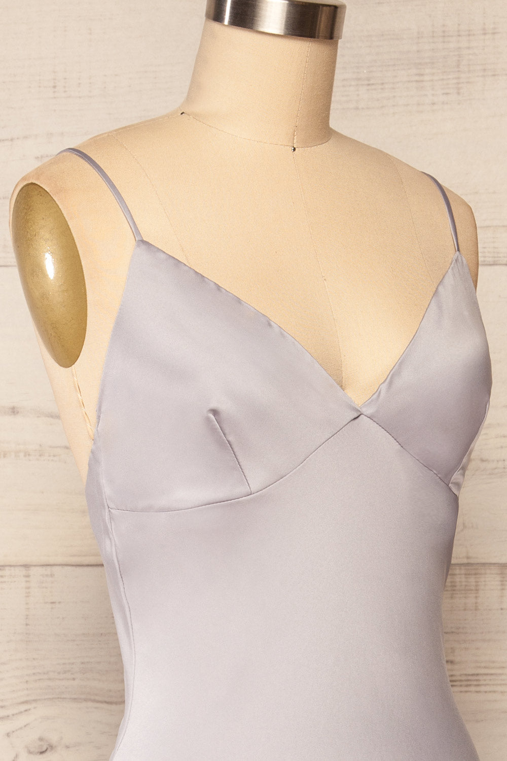 Rontie Grey Maxi V-Neck Slip Dress | La petite garçonne side close up