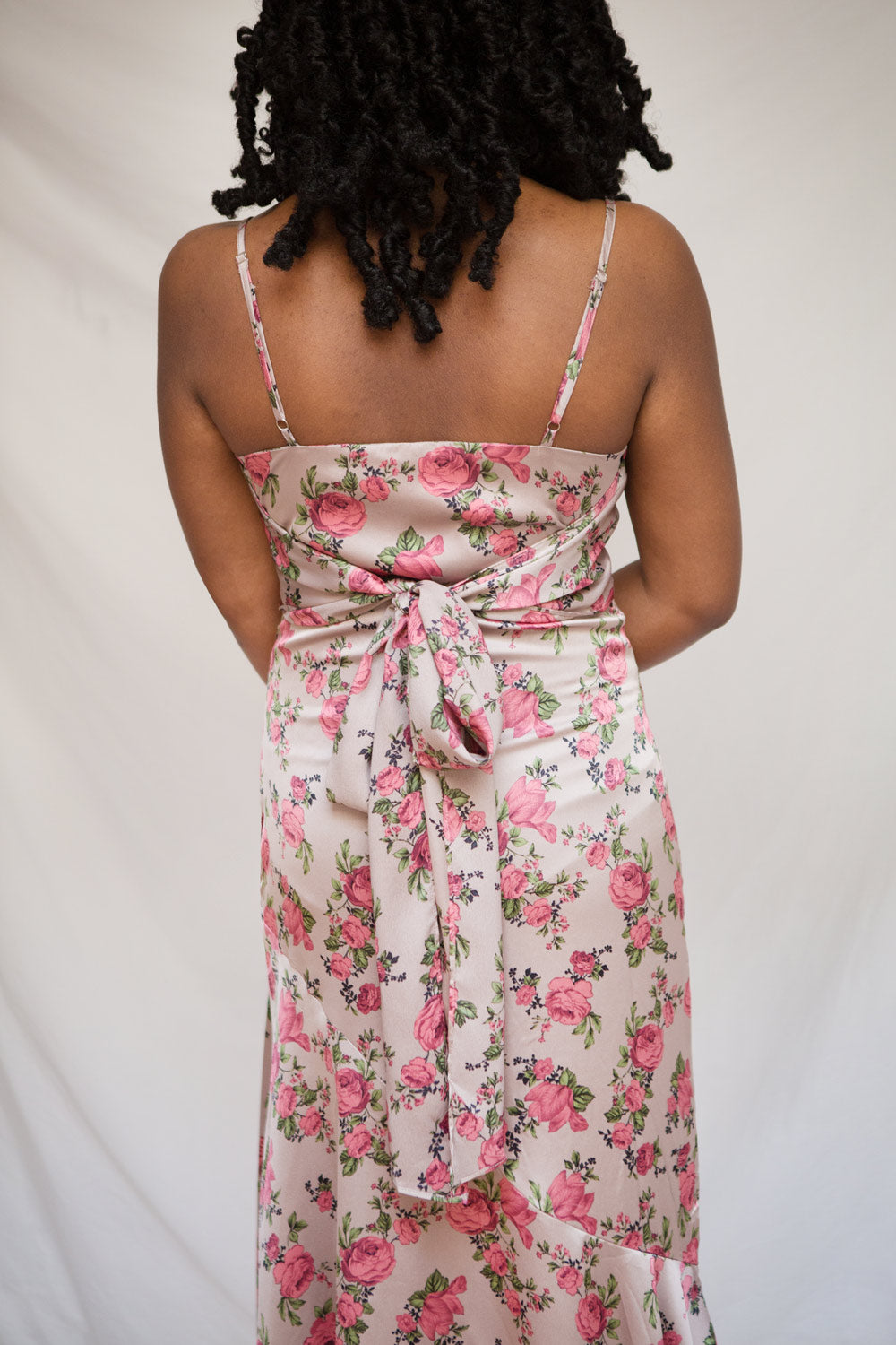 Rosalia Floral Satin Midi Dress w/ Fabric Belt | Boutique 1861 model back