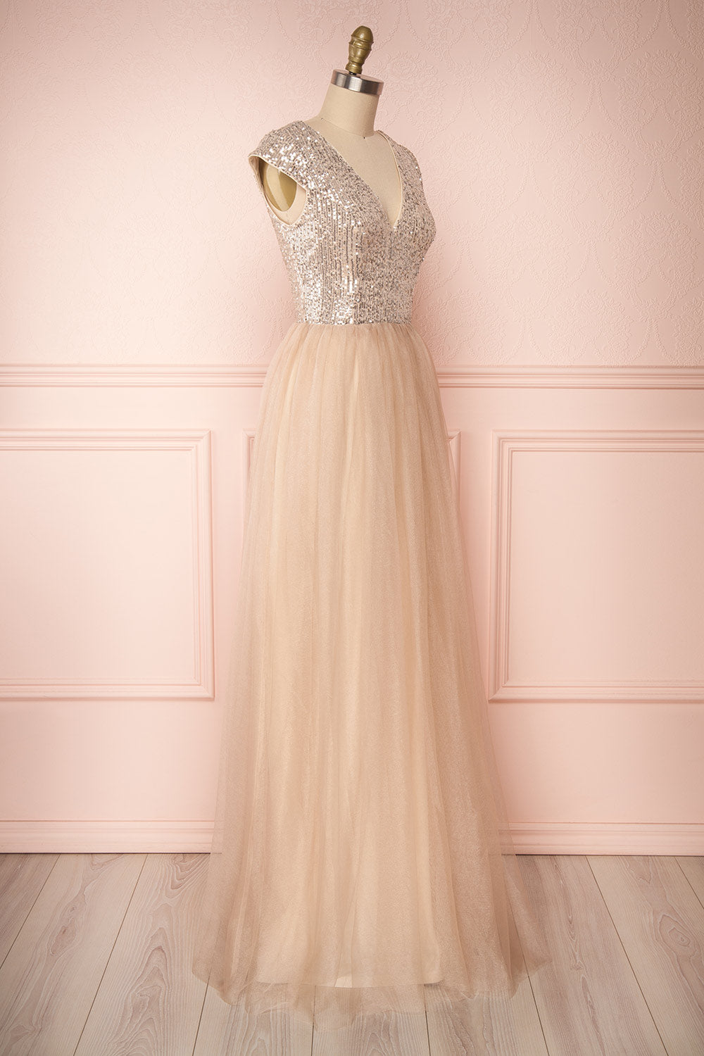 Rosina Taupe Sequins & Tulle Maxi Prom Dress | Boutique 1861 side view