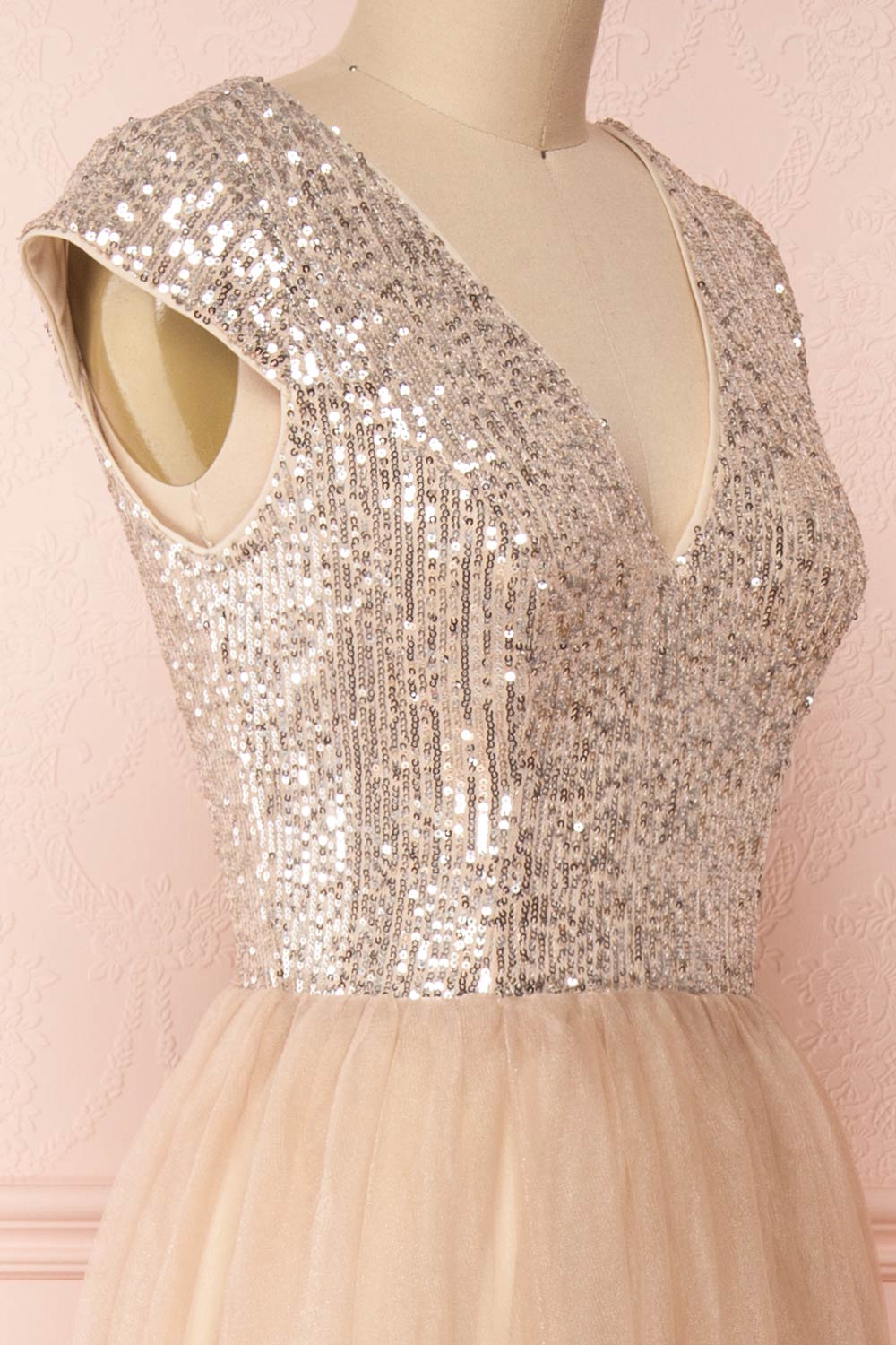 Rosina Taupe Sequins & Tulle Maxi Prom Dress | Boutique 1861 side close-up