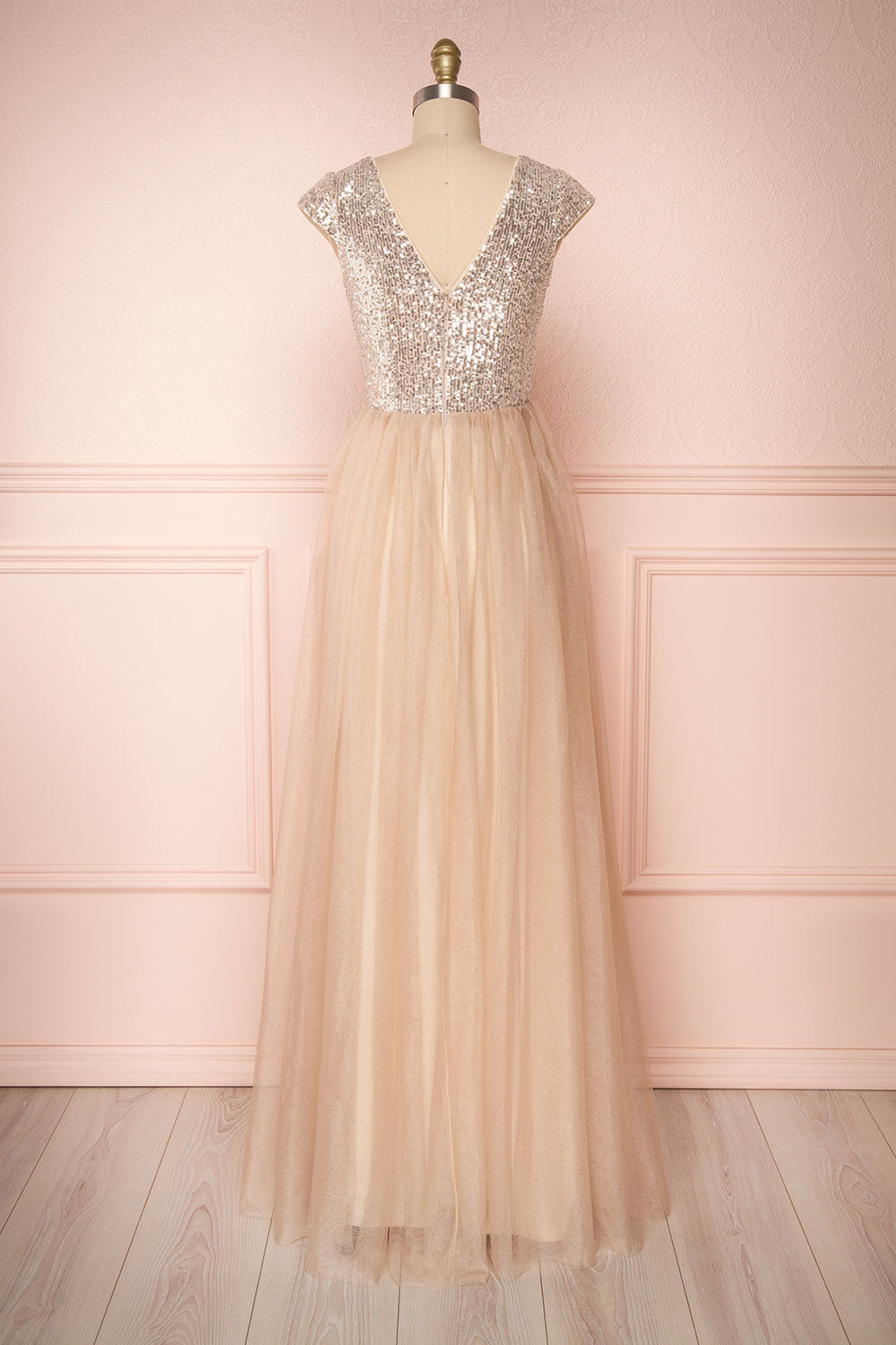 Rosina Taupe Sequins & Tulle Maxi Prom Dress | Boutique 1861 back view