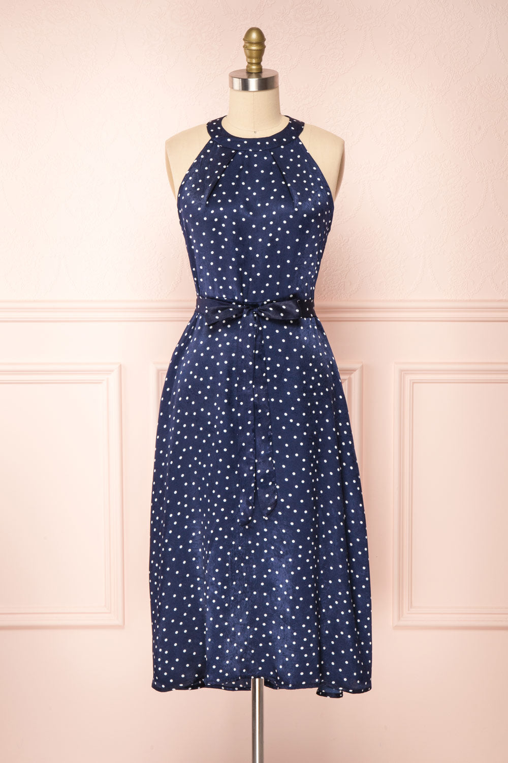 Roura Navy Blue Polka Dot Midi Halter Dress | Boutique 1861 front view