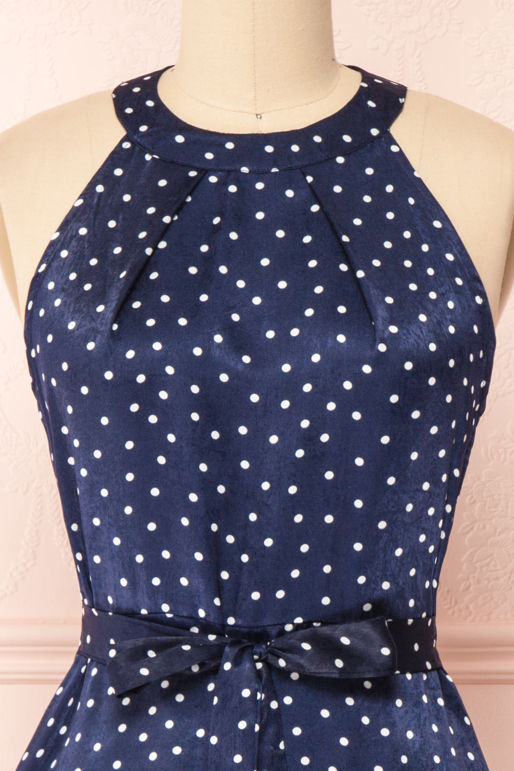 Roura Navy Blue Polka Dot Midi Halter Dress | Boutique 1861 front close-up