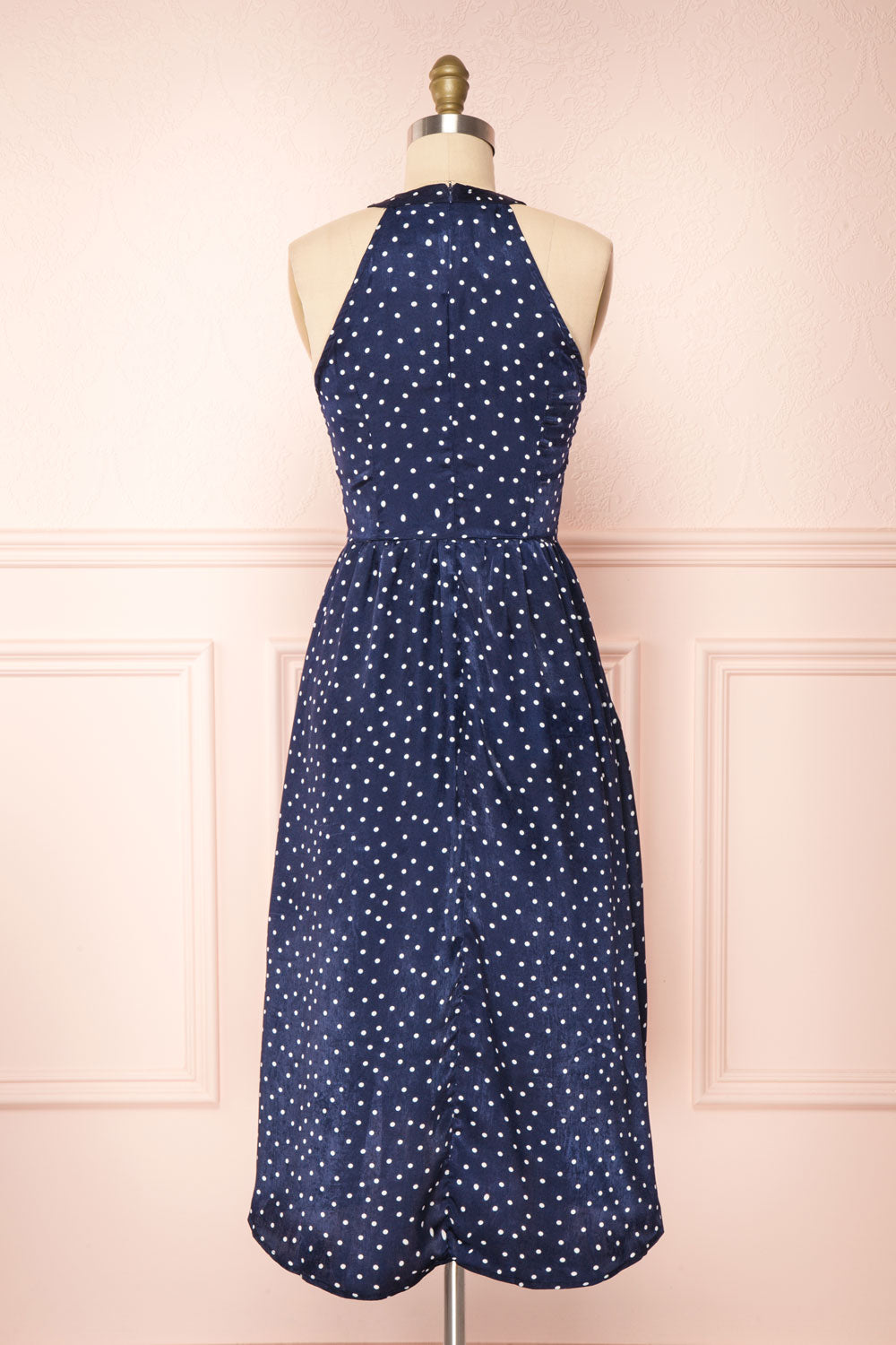 Roura Navy Blue Polka Dot Midi Halter Dress | Boutique 1861 back view