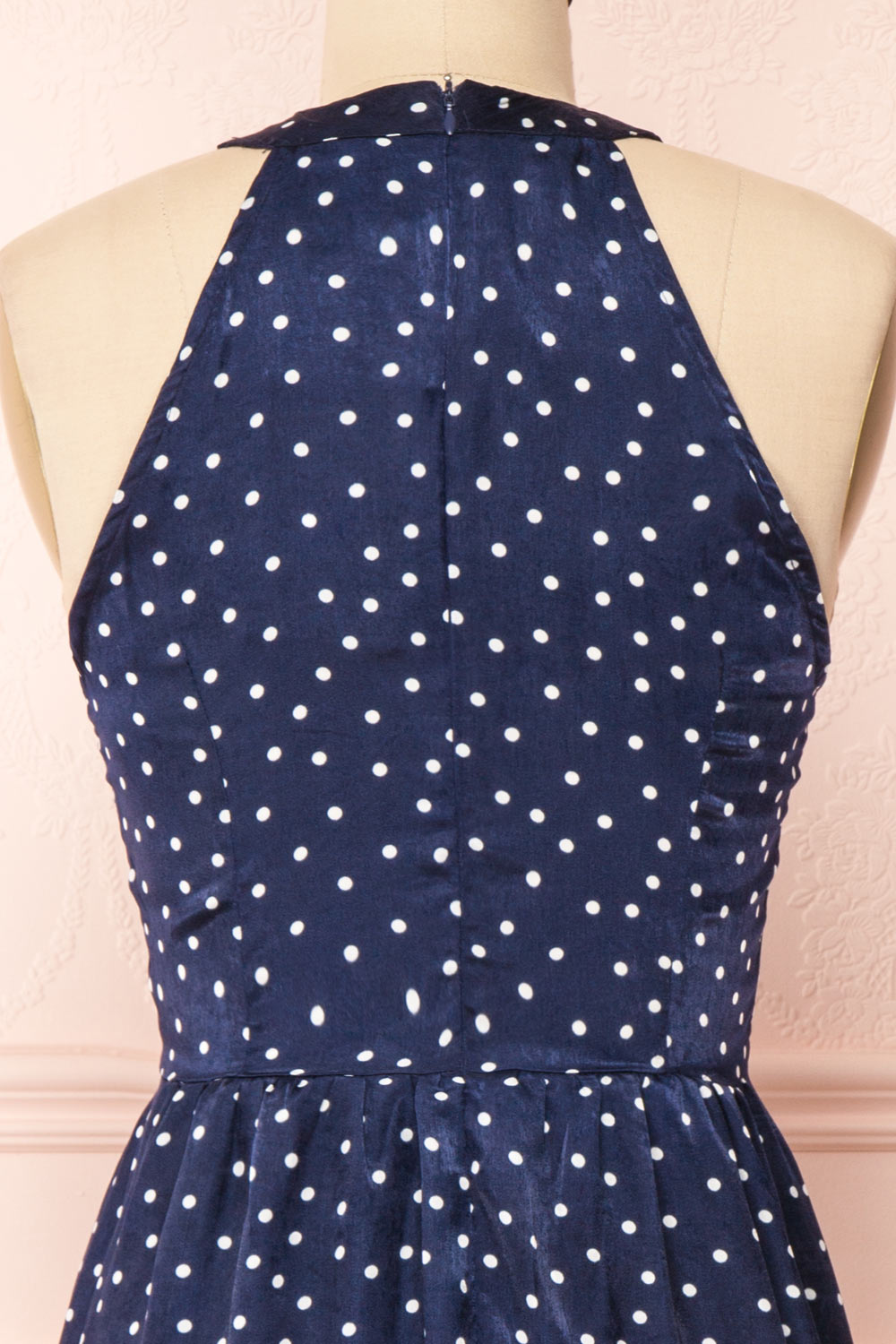 Roura Navy Blue Polka Dot Midi Halter Dress | Boutique 1861 back close-up