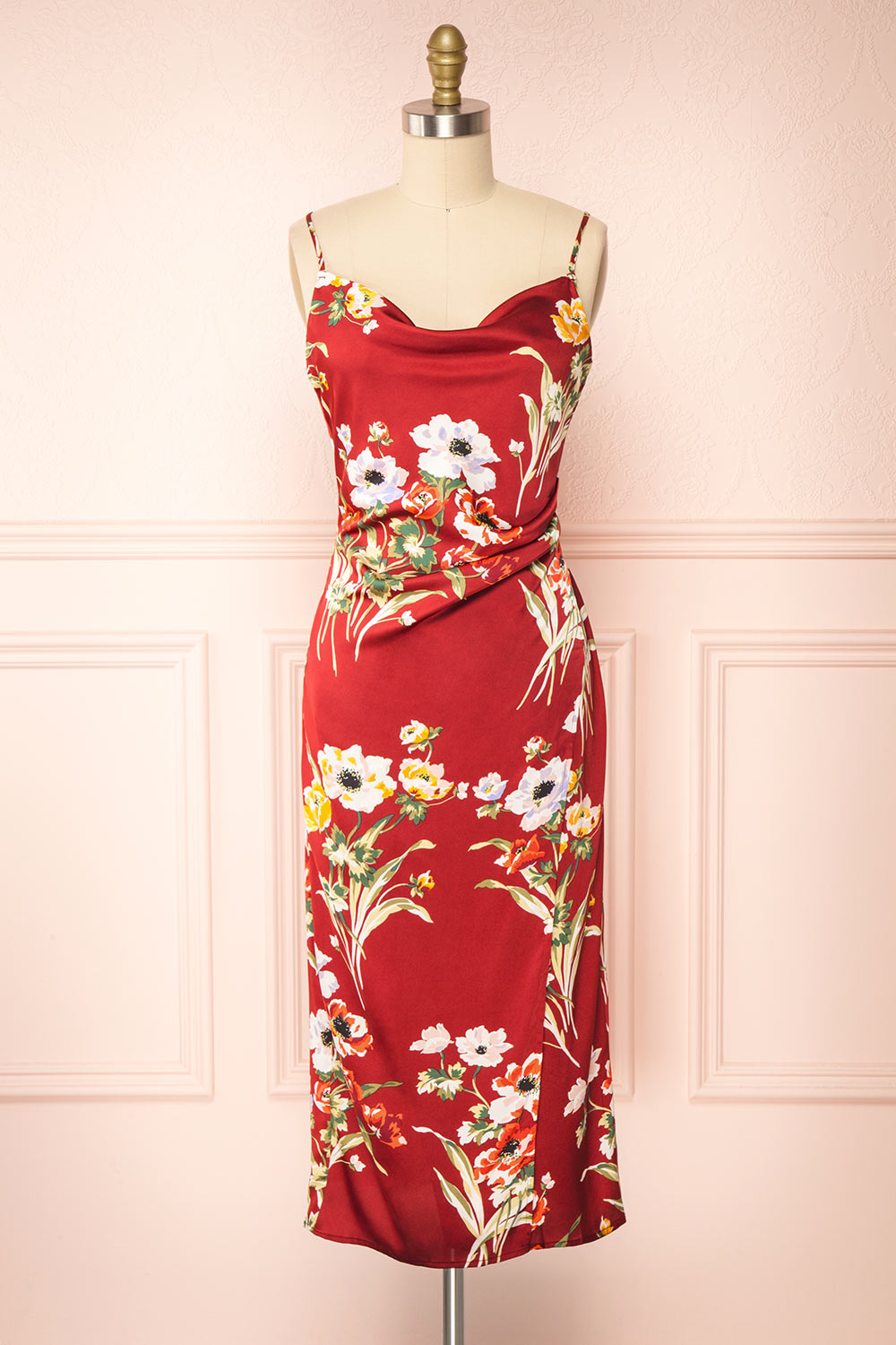 Roxanna Red Cowl Neck Floral Satin Slip Dress Boutique 1861