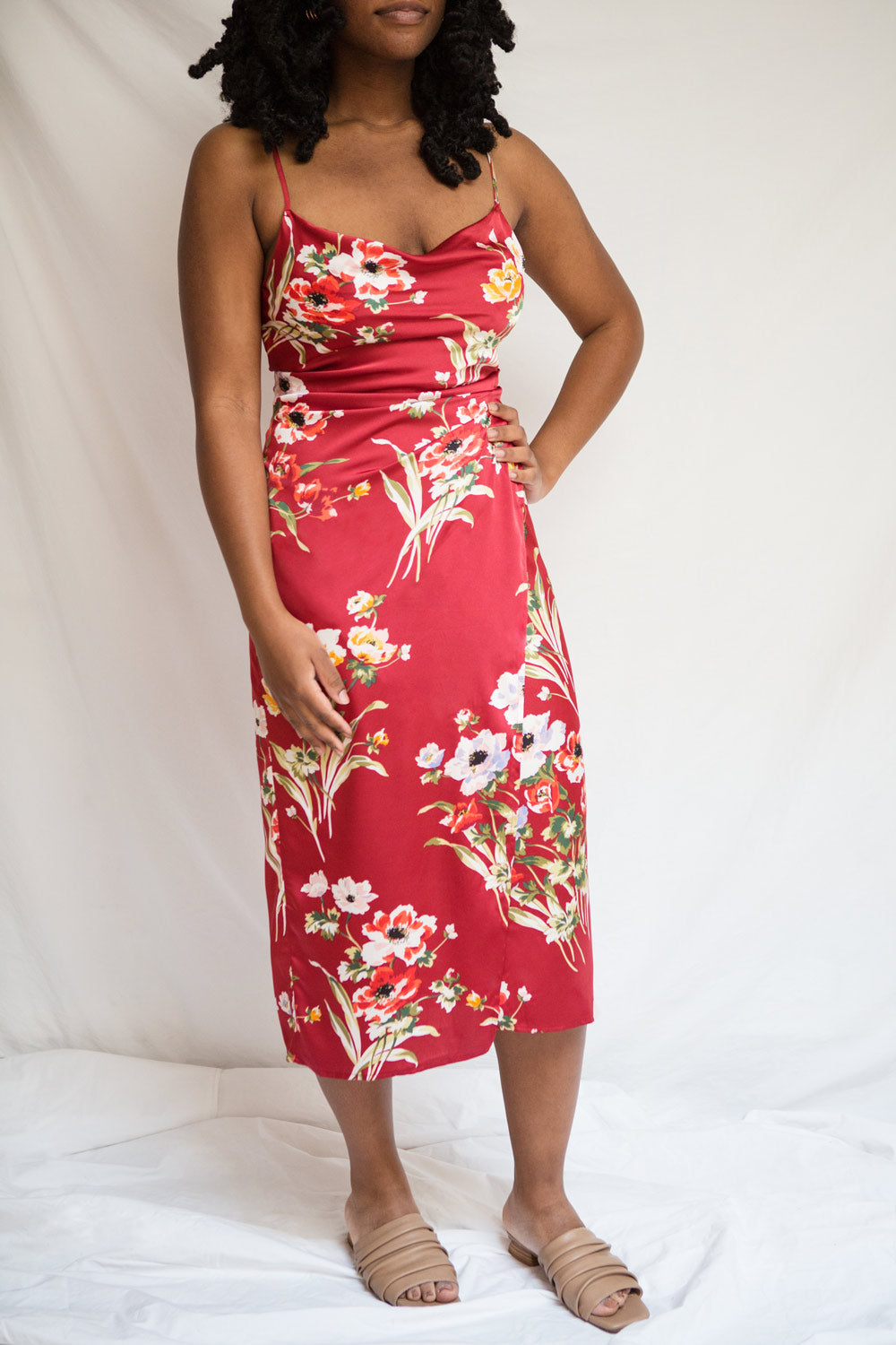 Roxanna Red Cowl Neck Floral Satin Slip Dress Cowl | Boutique 1861 model