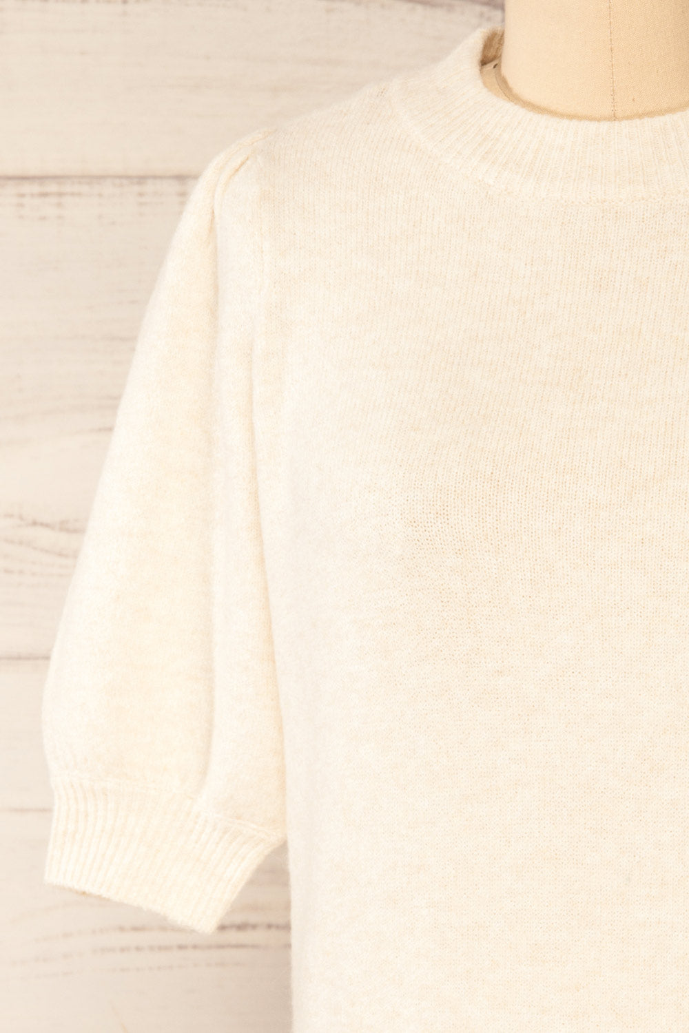 Rutril Beige Soft Knit Top w/ Puff Sleeves | La petite garçonne front close-up
