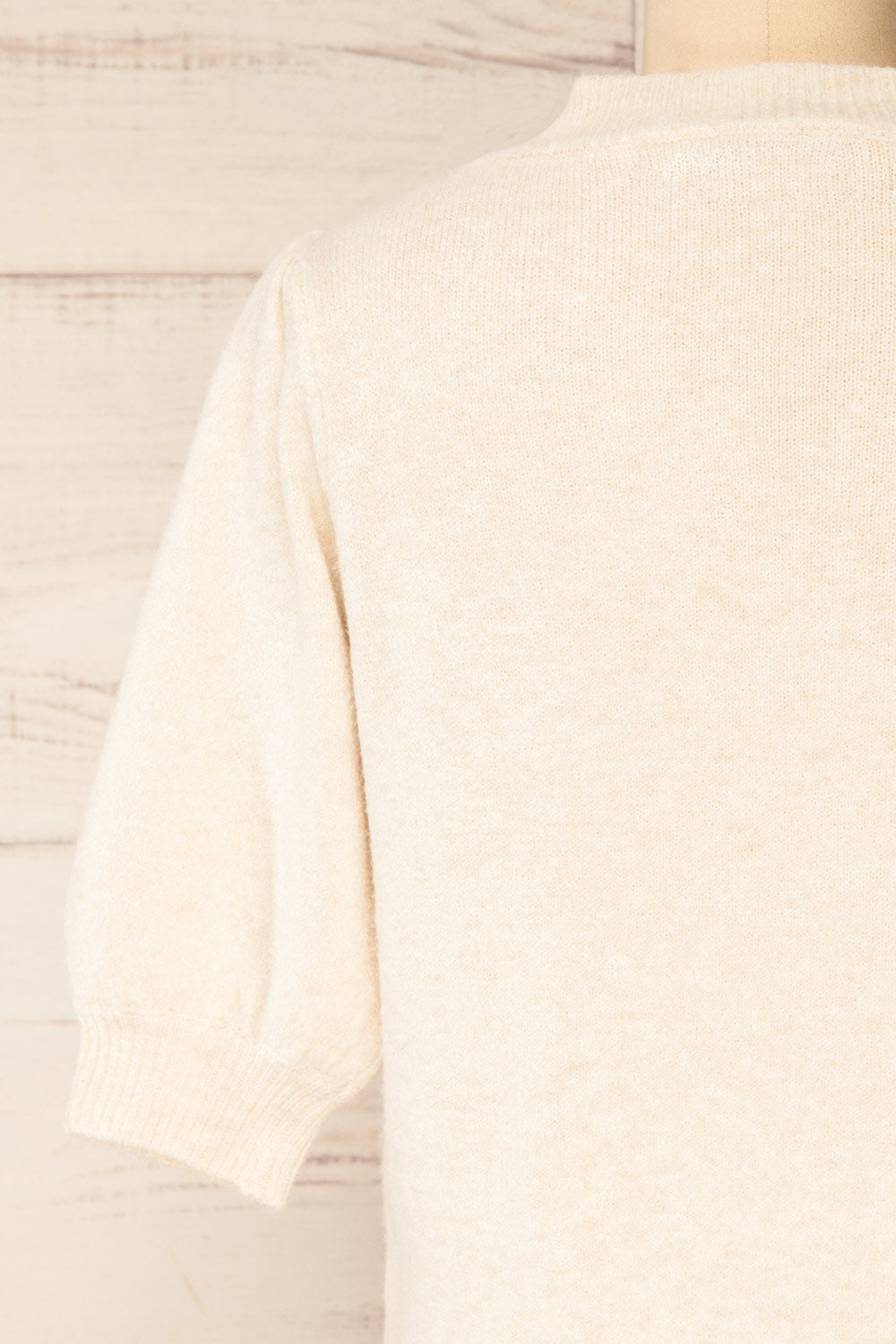 Rutril Beige Soft Knit Top w/ Puff Sleeves | La petite garçonne back close-up