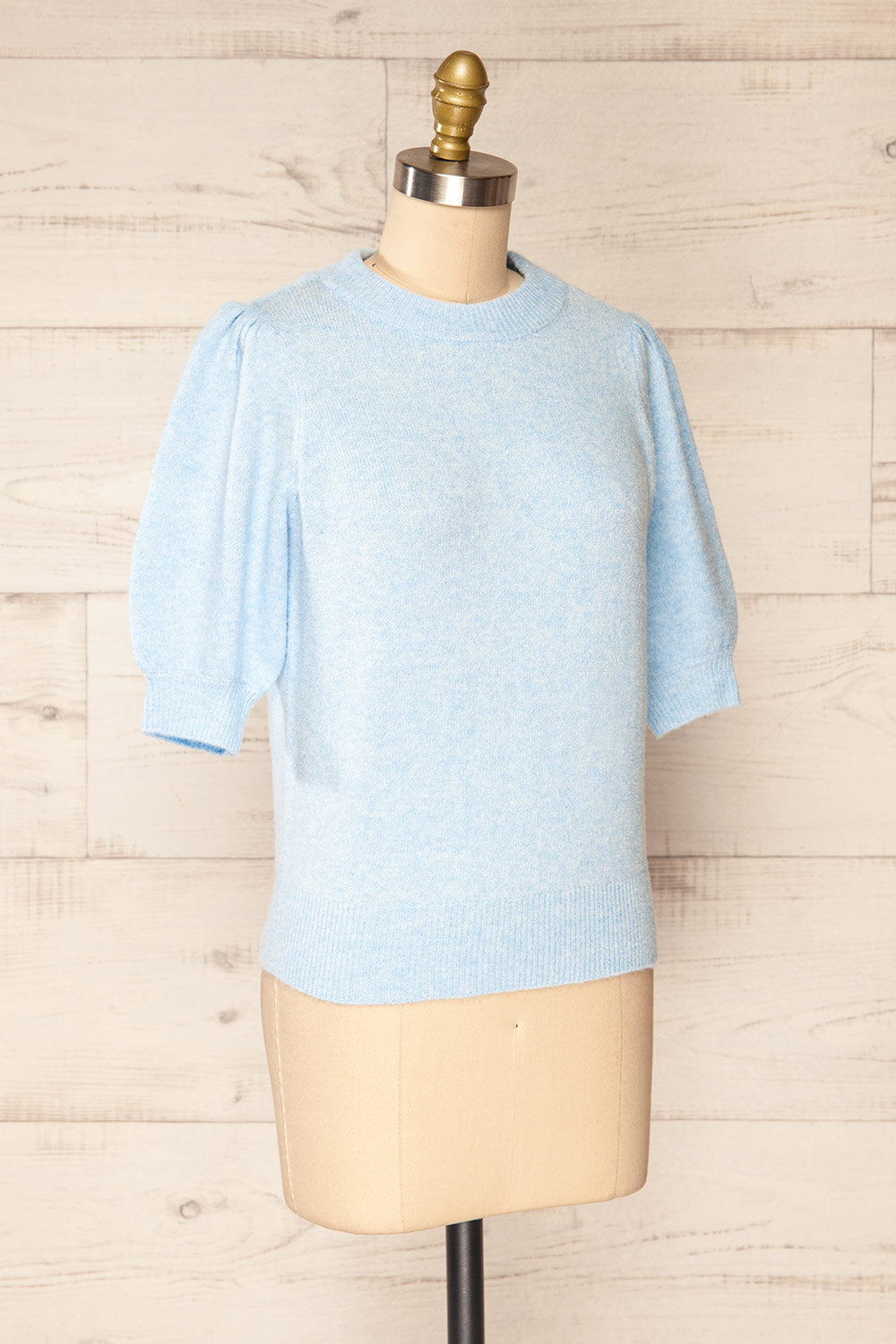 Rutril Blue Soft Knit Top w/ Puff Sleeves | La petite garçonne side view